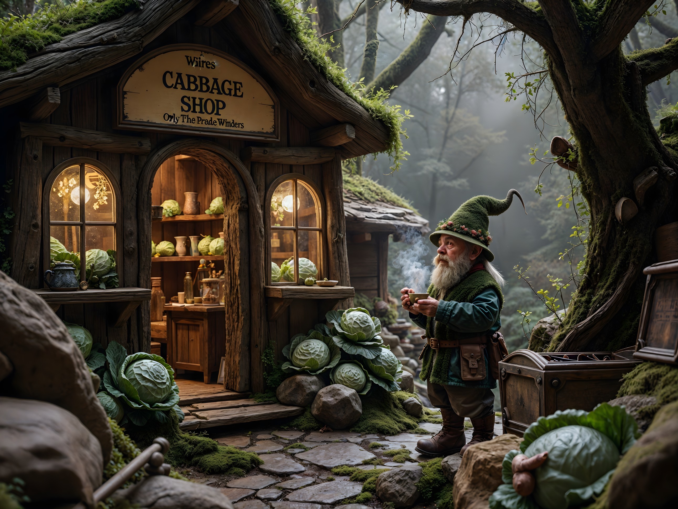 Whimsical Cabbage Shop in a Mystical Forest Setting