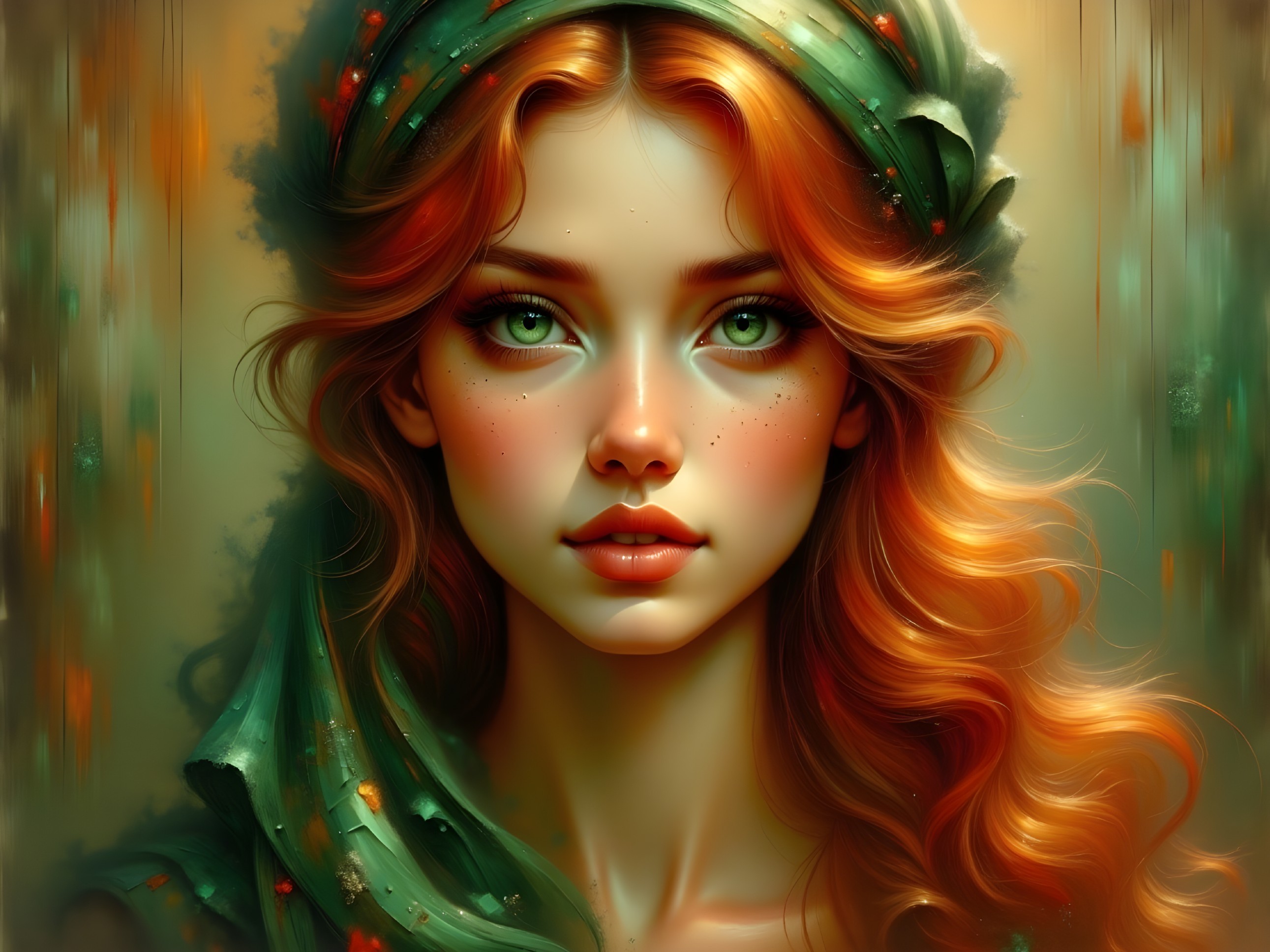 Portrait of a Young Woman with Red Hair and Green Scarf
