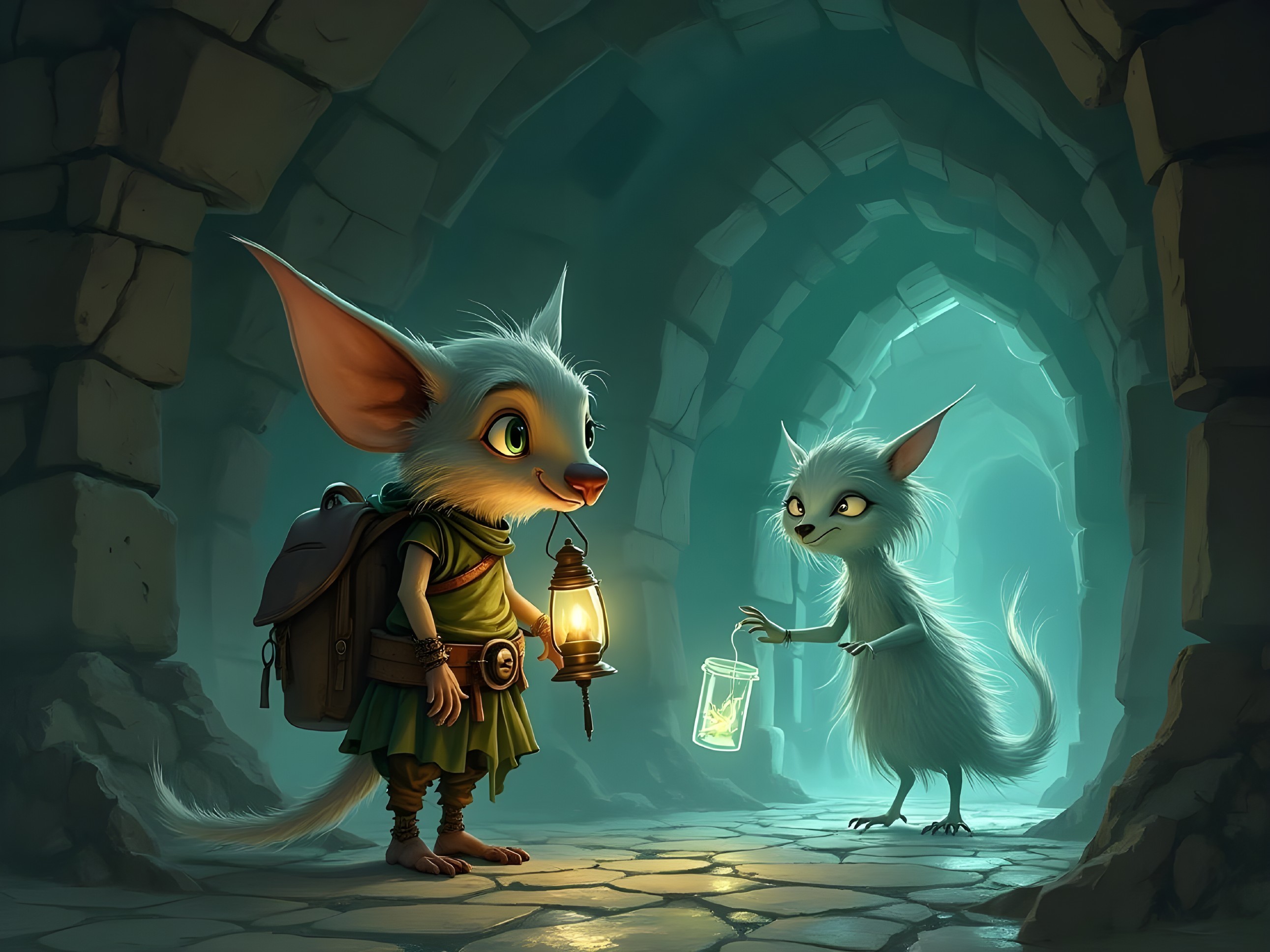 Whimsical Creatures in a Dimly Lit Stone Tunnel
