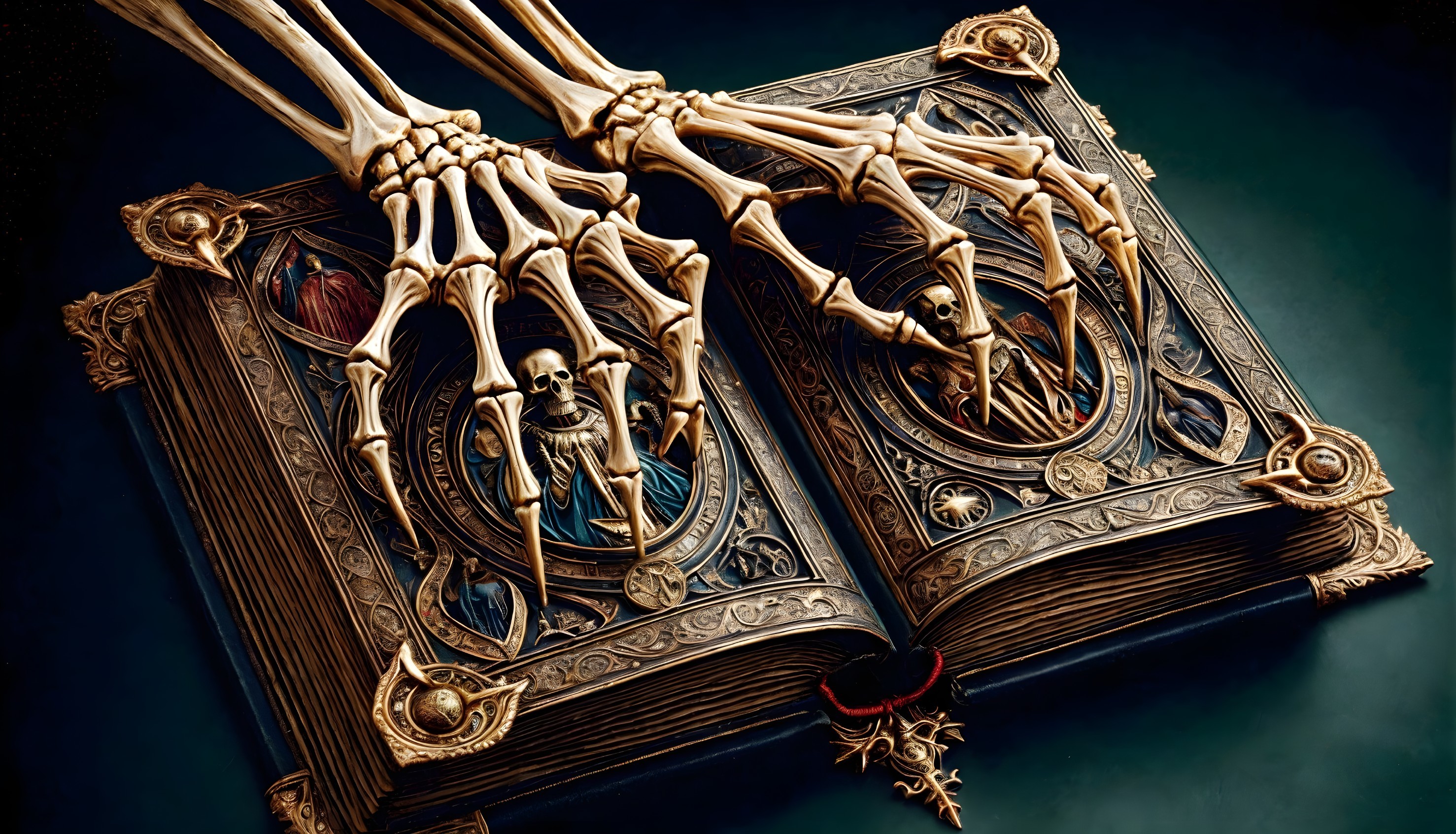 Intricate ornate book with skeletal hands and mysterious symbols