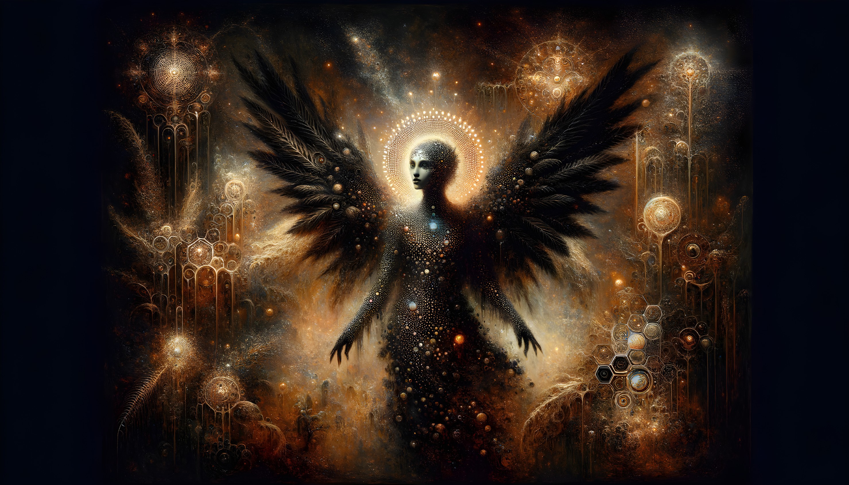 Celestial Figure with Feathered Wings in Cosmic Setting