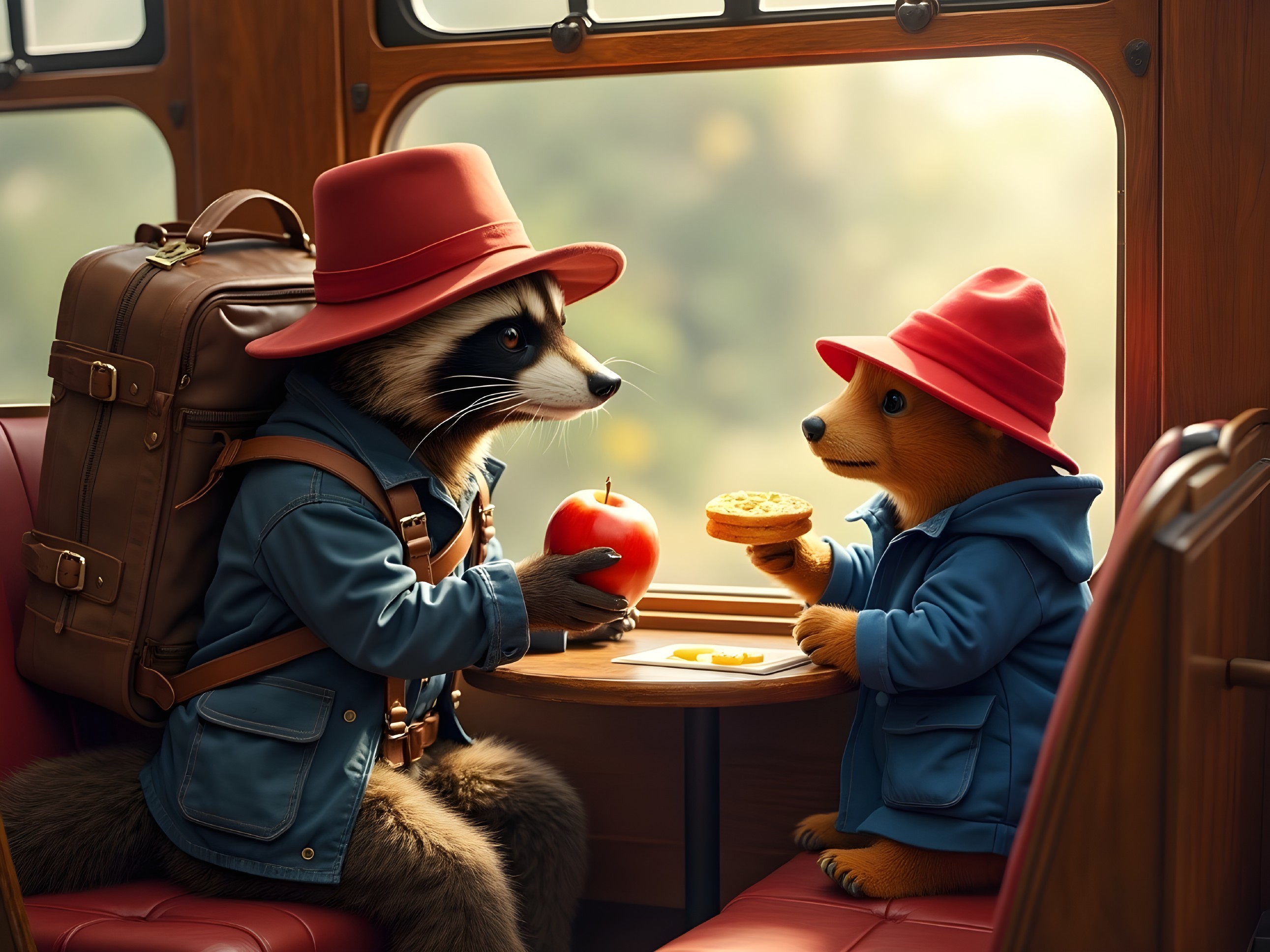 Raccoon and bear share snacks in a cozy train carriage