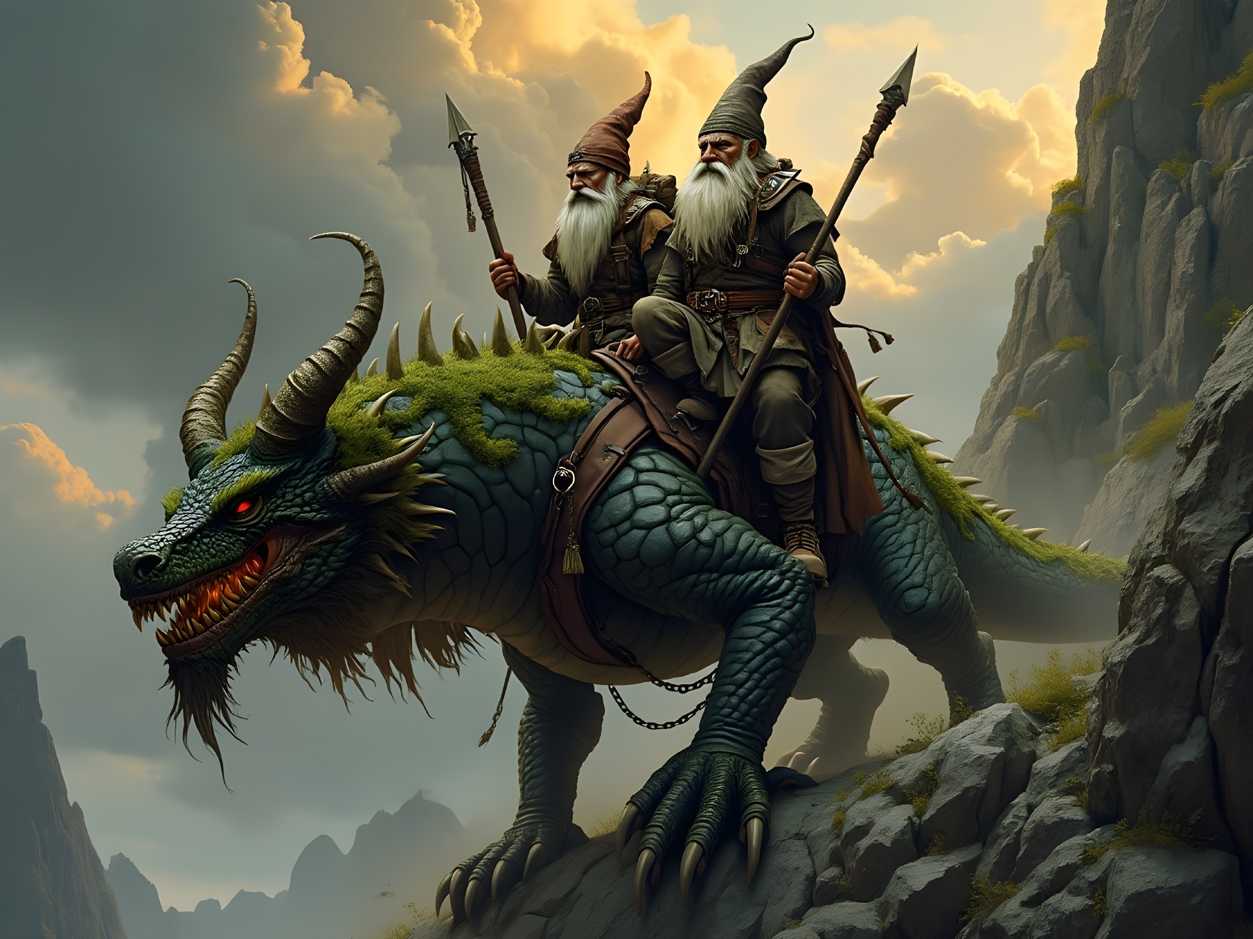 Gnomes Riding a Dragon in a Fantastical Landscape