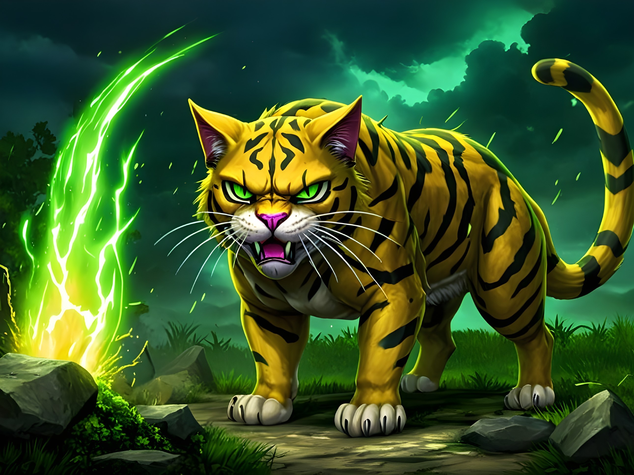 Cartoonish Tiger in Dramatic Landscape with Lightning