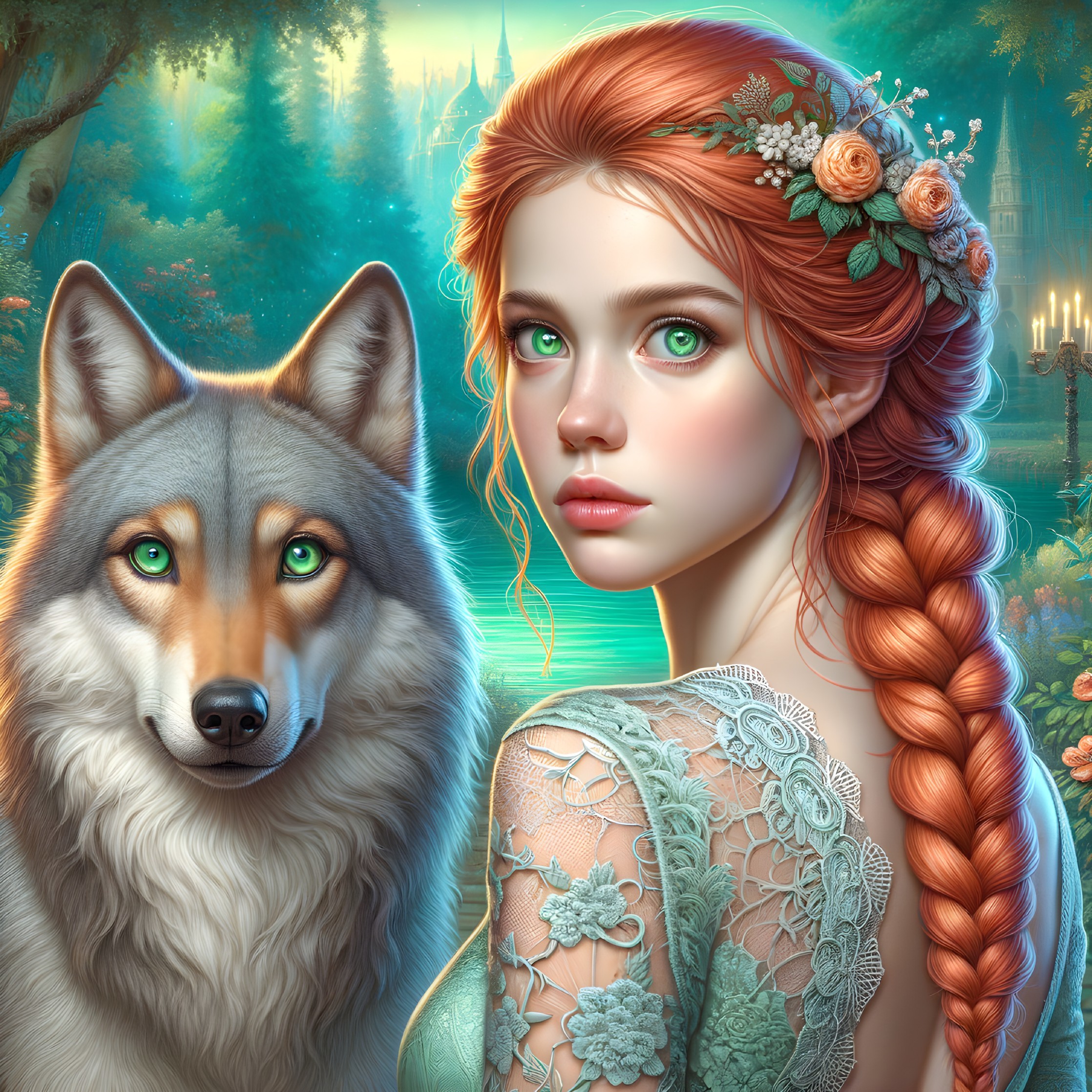 Young Woman and Wolf in Enchanting Forest Setting
