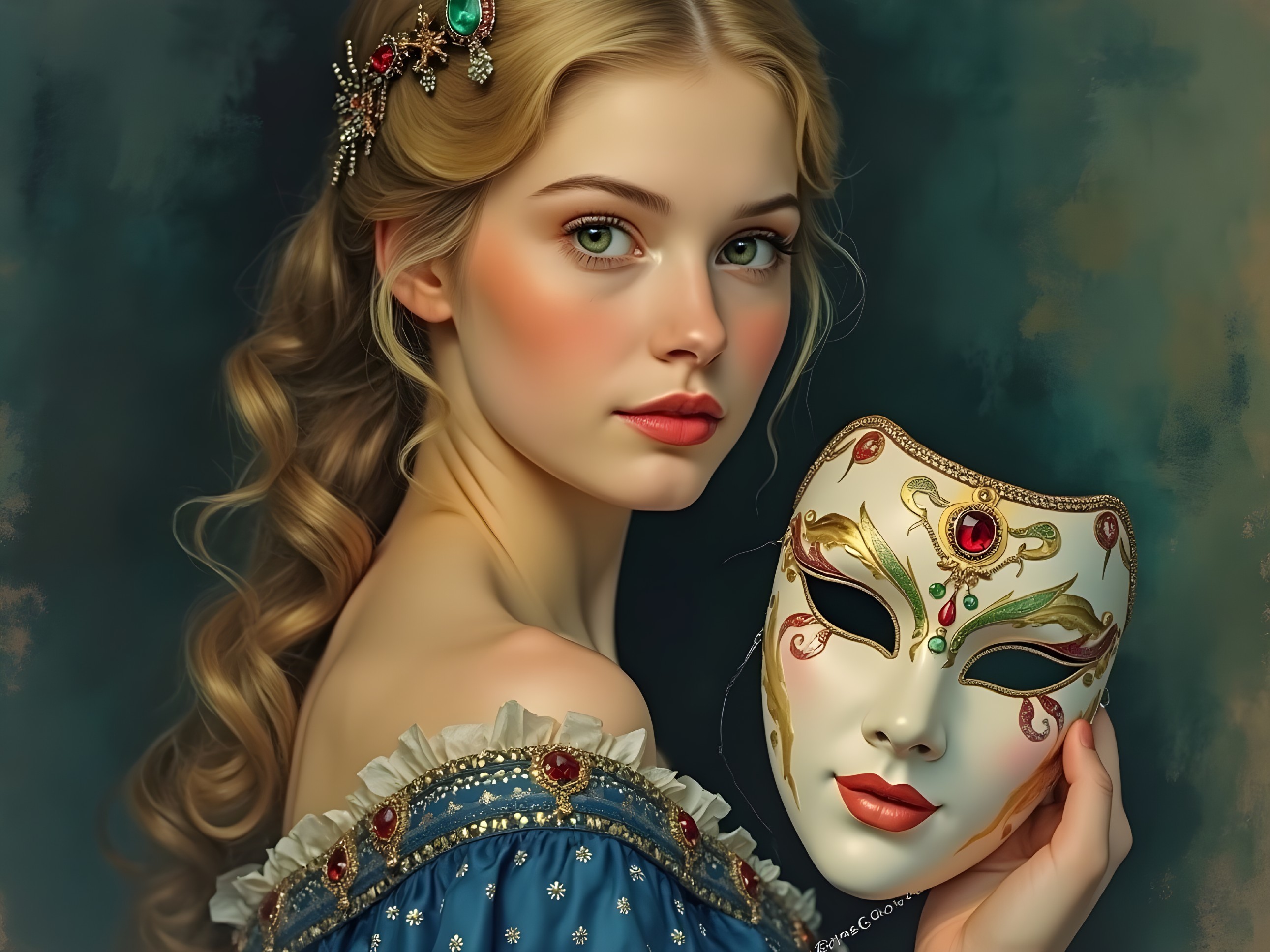 Young woman in blue gown with white decorative mask