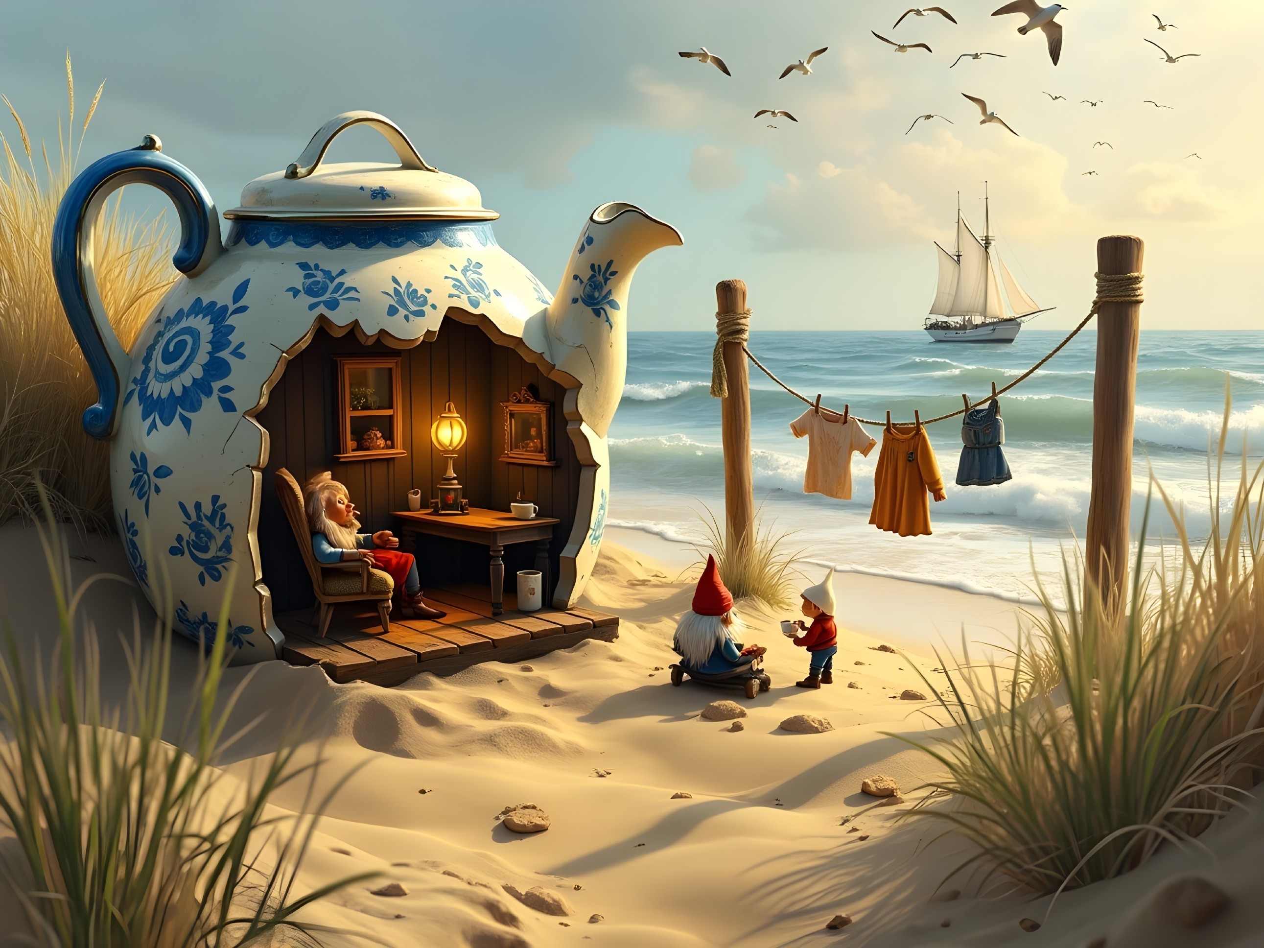 Whimsical Beach Scene with Teapot Home and Gnomes