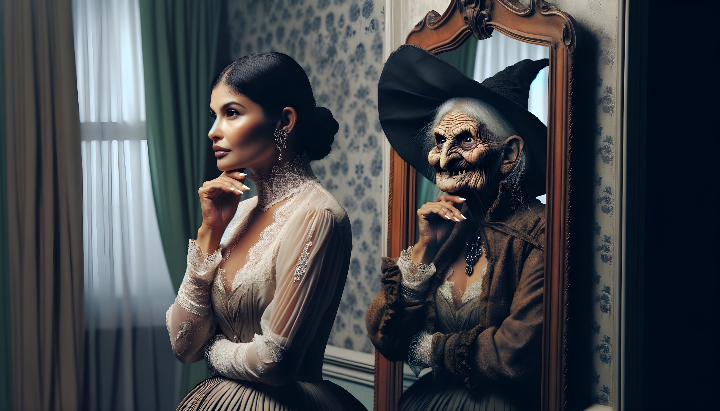 Vintage-dressed woman gazes at fantastical reflection in mirror