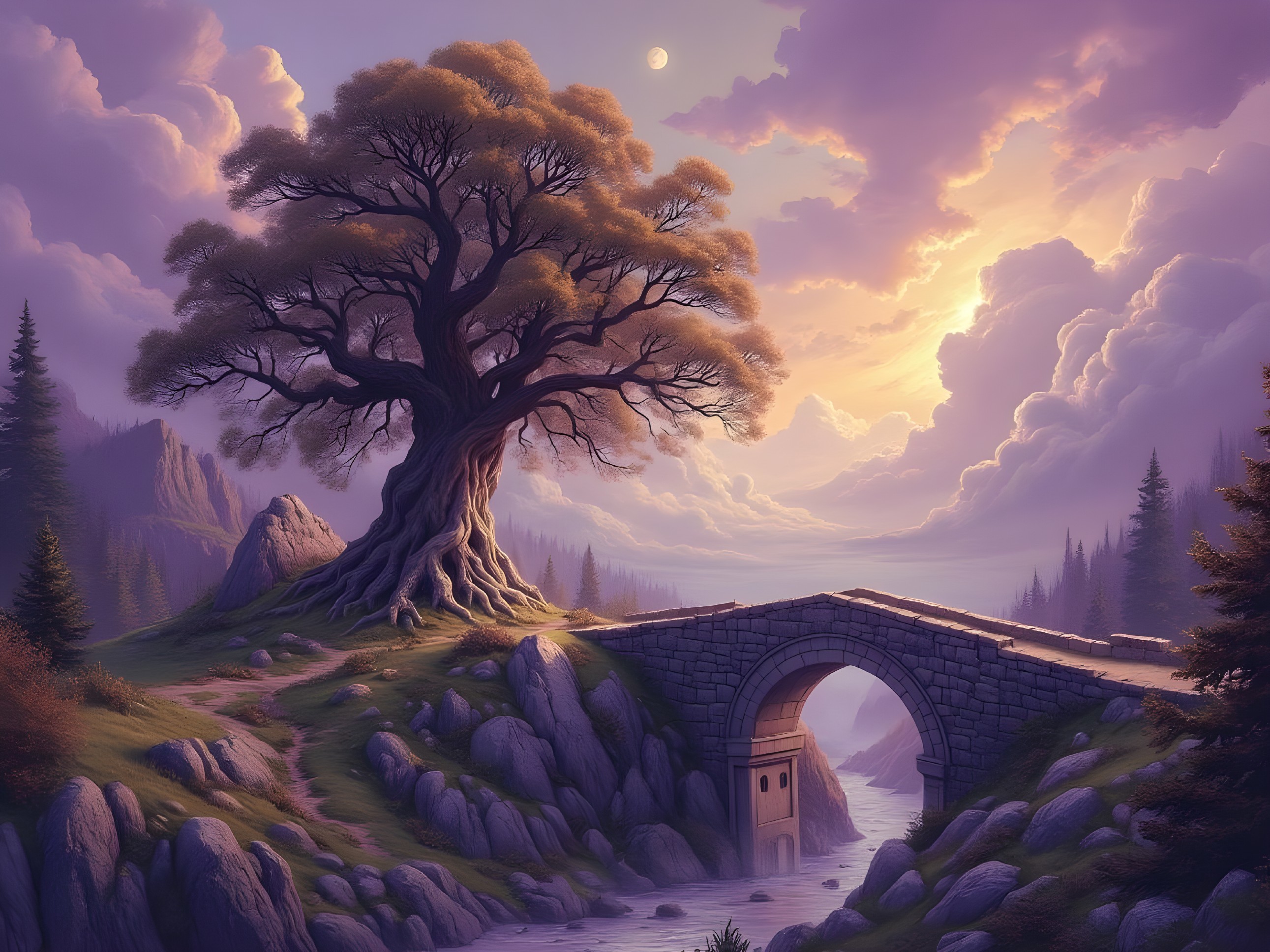 Ancient Tree and Stone Bridge in Scenic Landscape