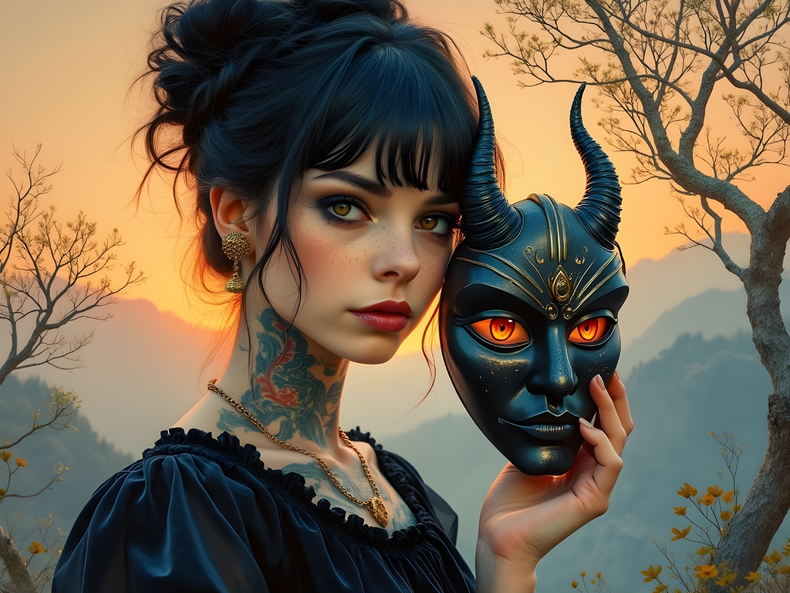 Woman with Dark Hair and Tattoos Holding Black Mask
