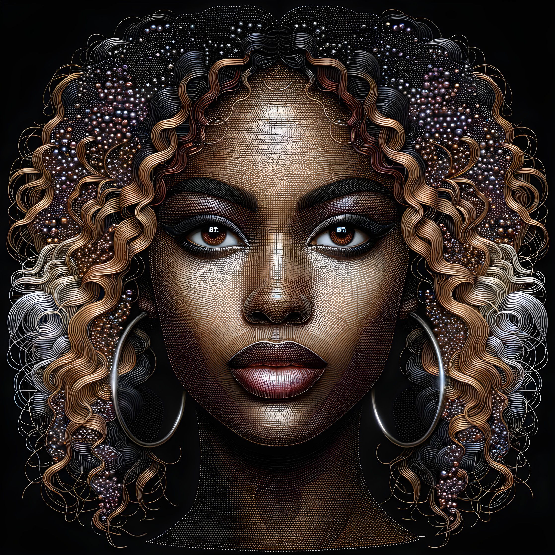 Portrait of a Woman with Curly Hair and Hoop Earrings