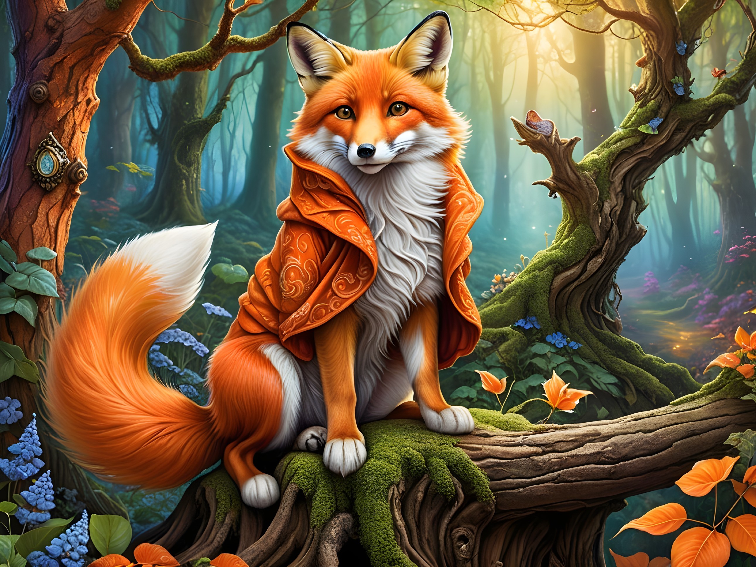 Vibrant fox on mossy stump in magical forest scene