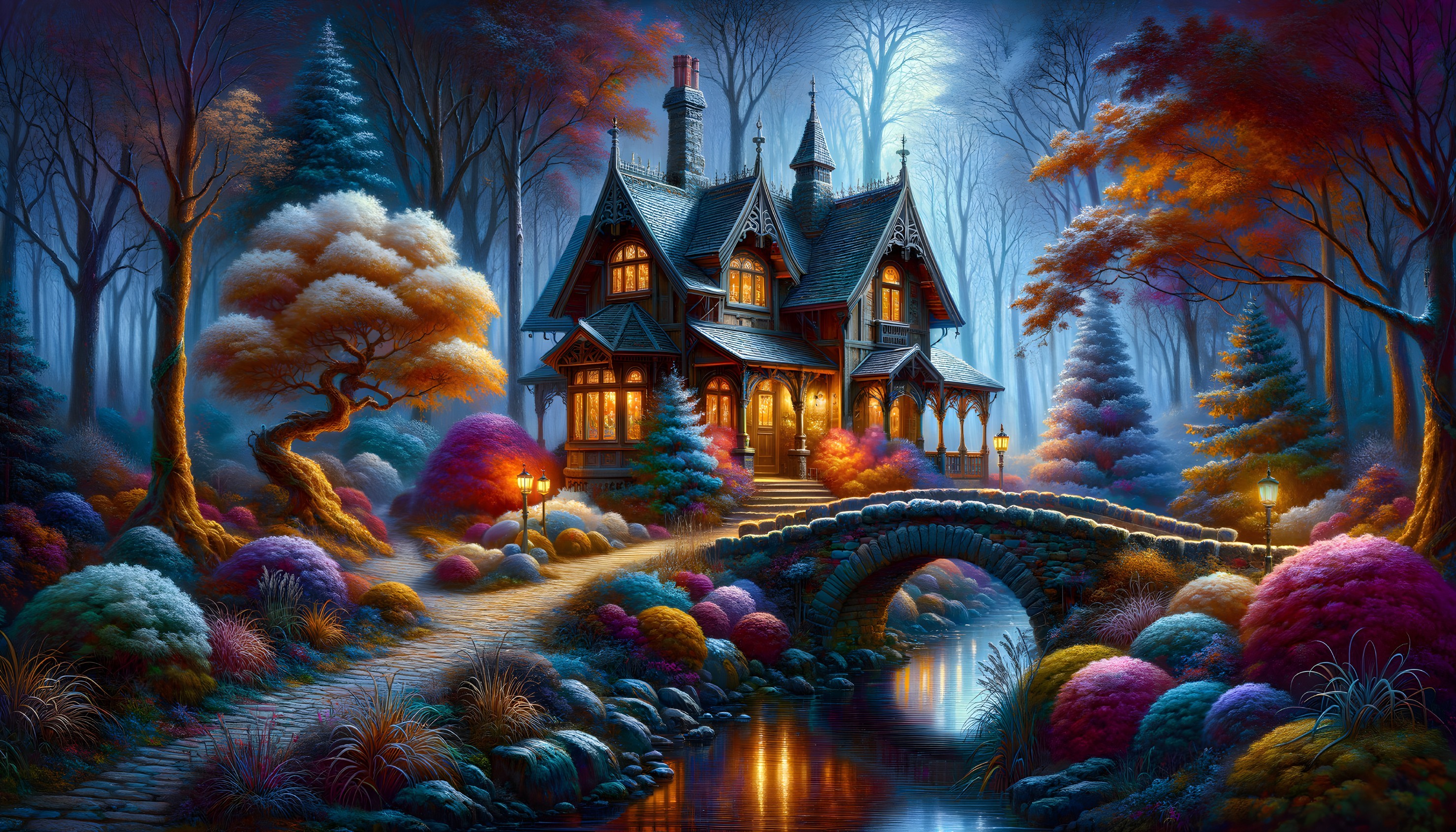 Enchanted cottage by a serene stream at night