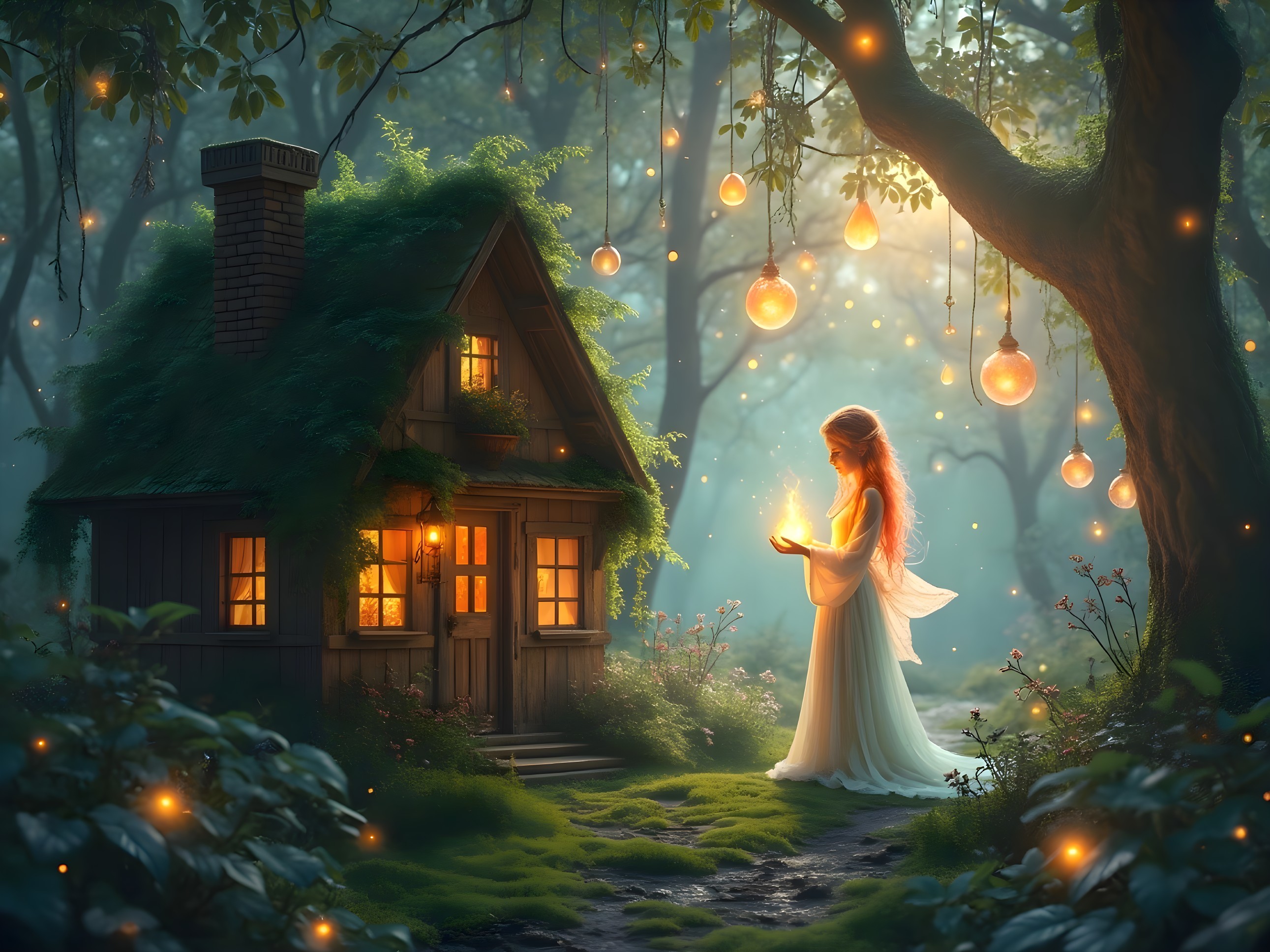 Serene forest scene with a cottage and glowing orbs