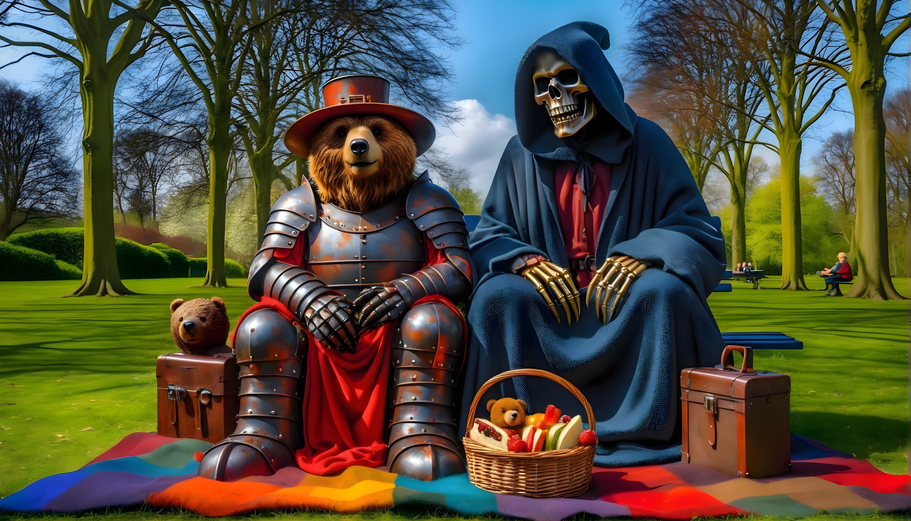 Bear in Armor and Skeletal Figure at Picnic in Park