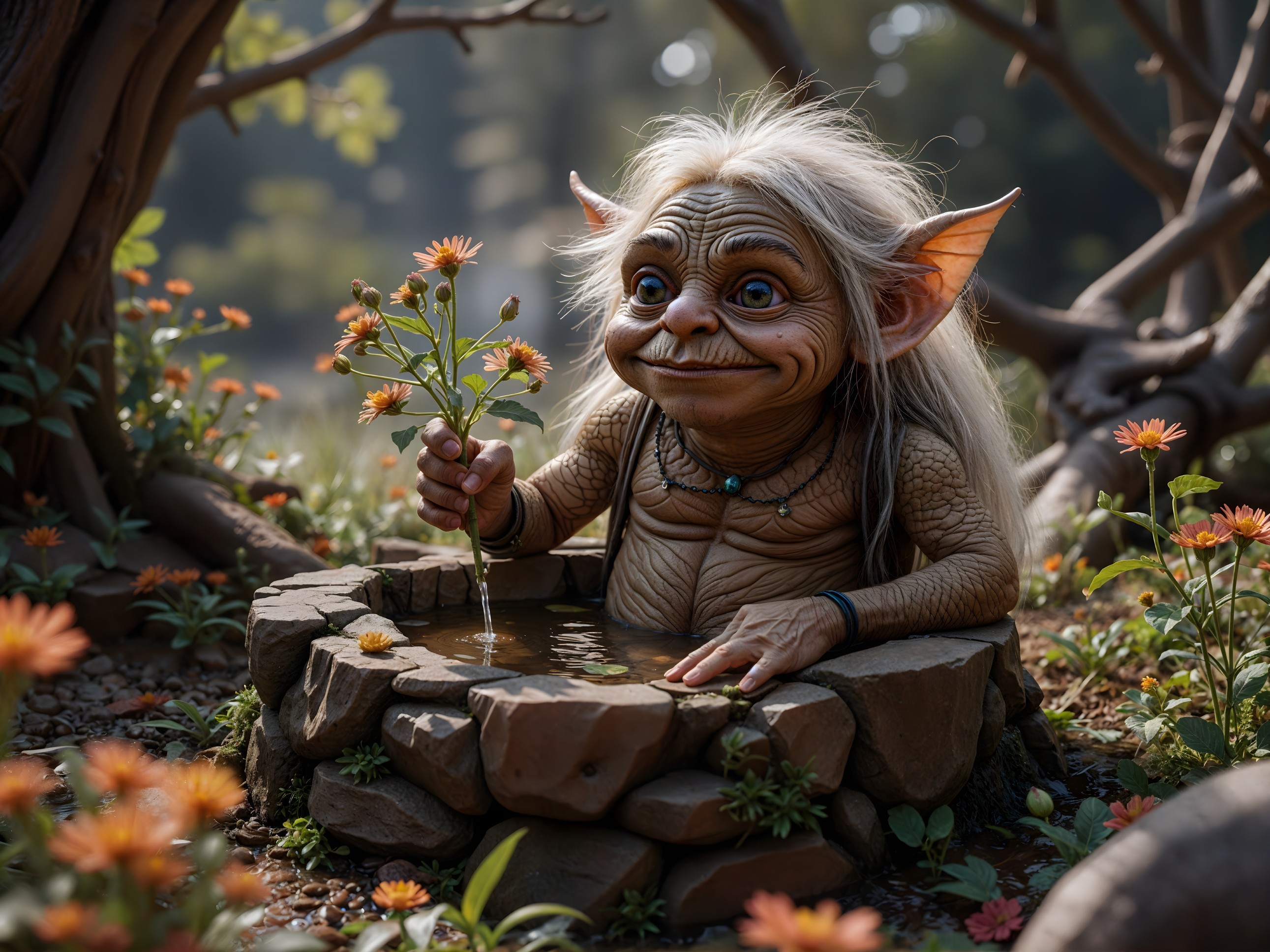 Whimsical Elderly Creature by Stone Well and Flowers