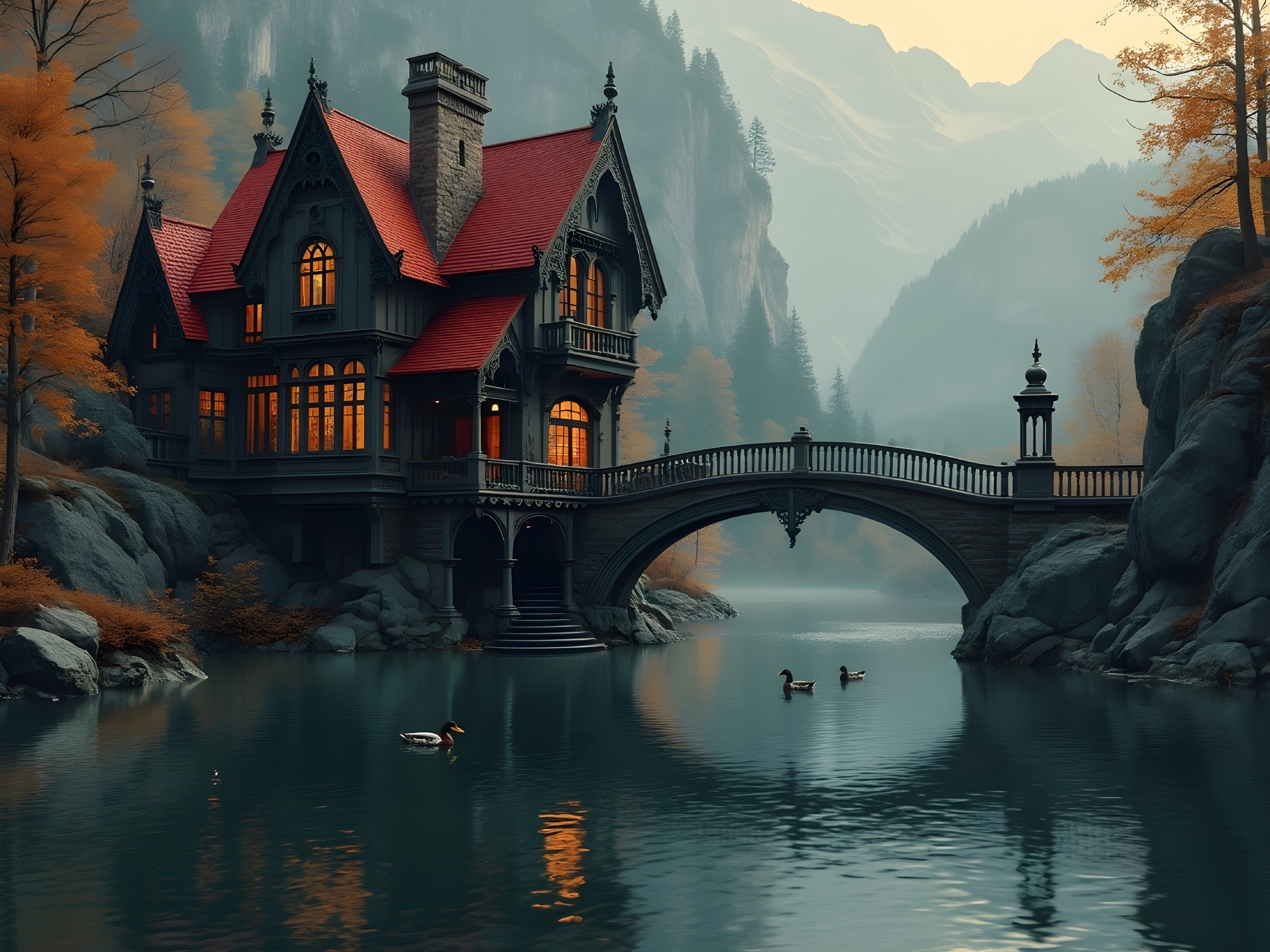 Gothic Mansion by Lake with Red Roof and Mountains