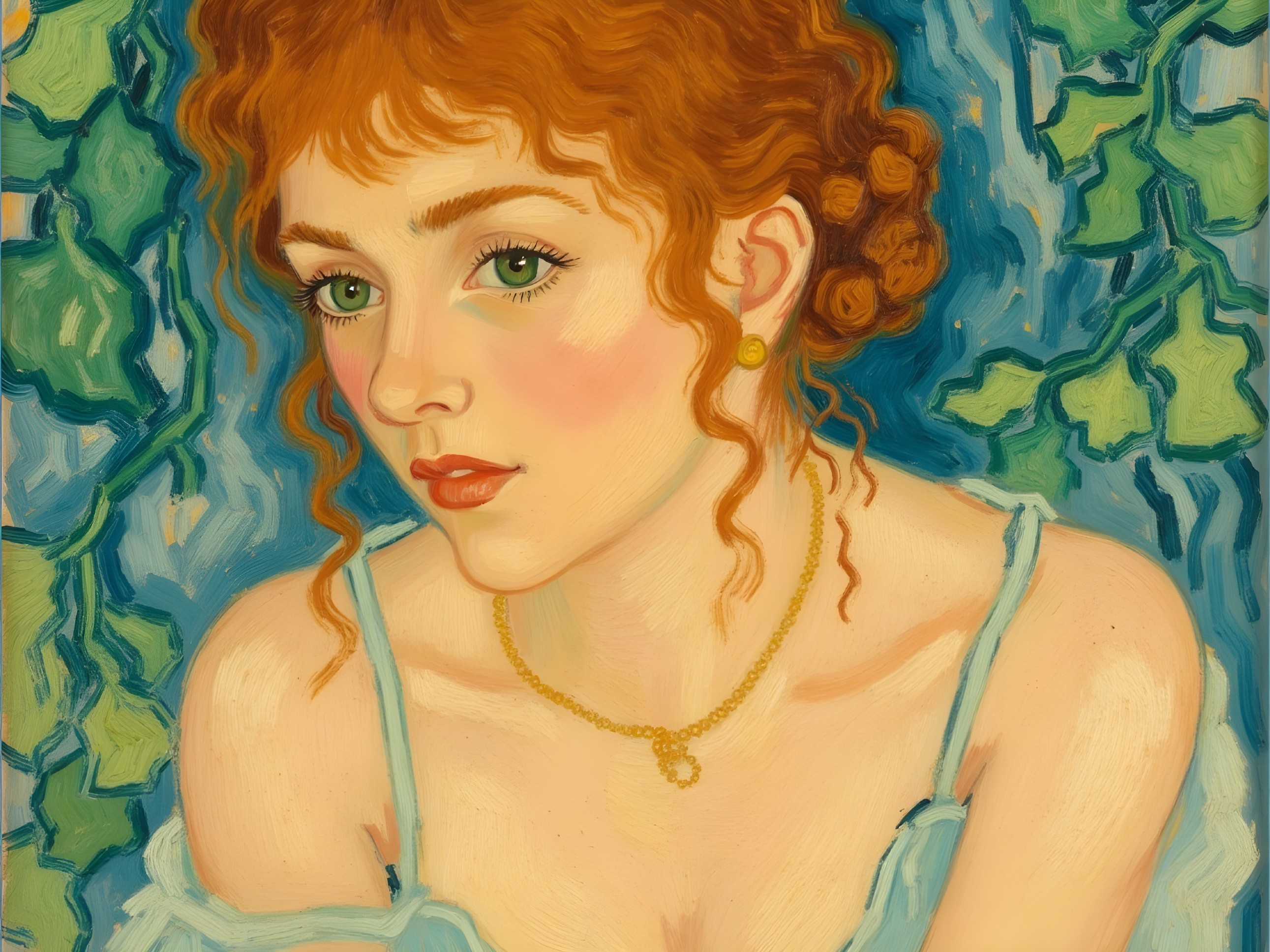 Young woman in blue dress with curly red hair and leaves