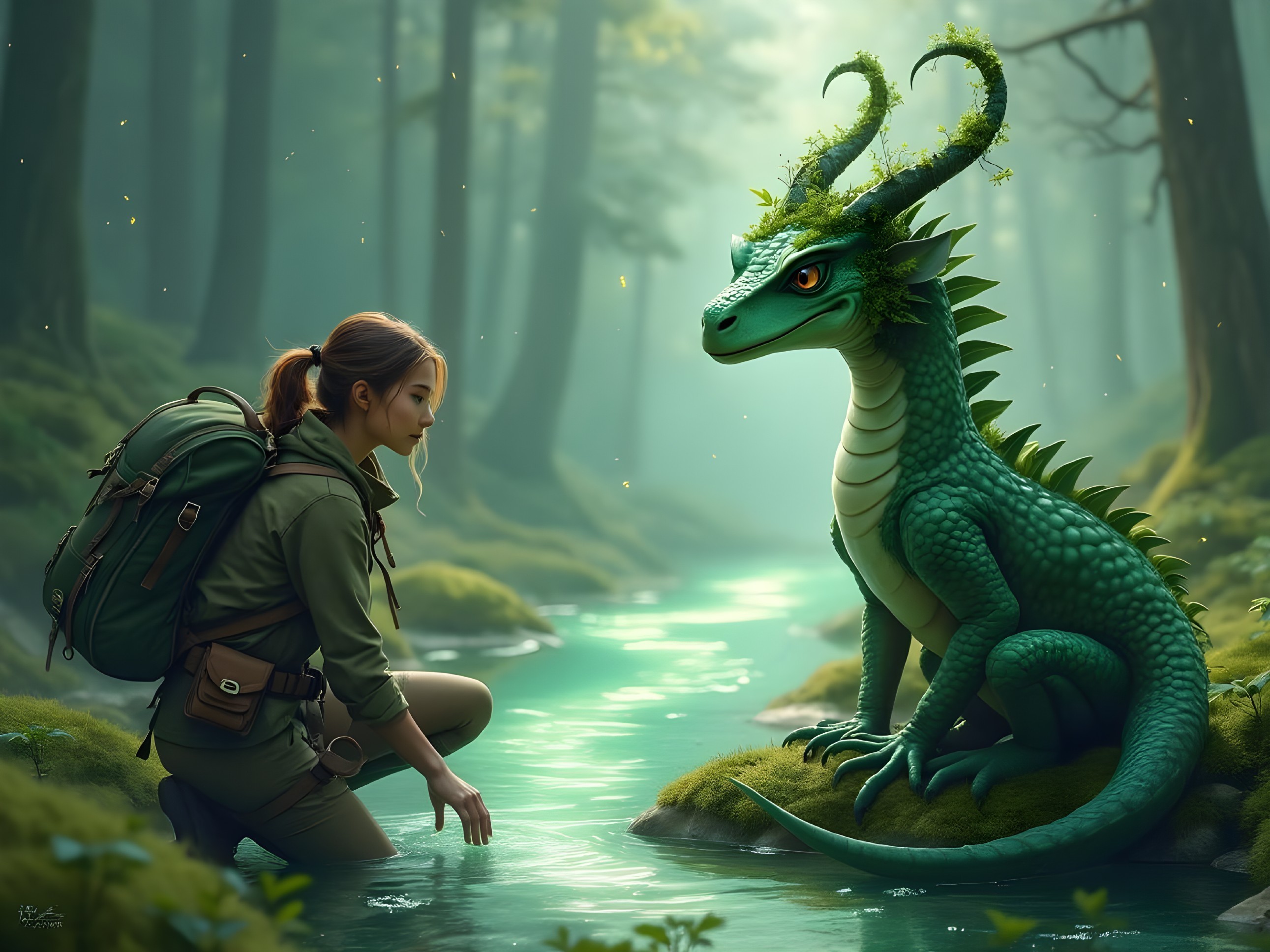 Young Adventurer and Green Dragon by Shimmering Stream