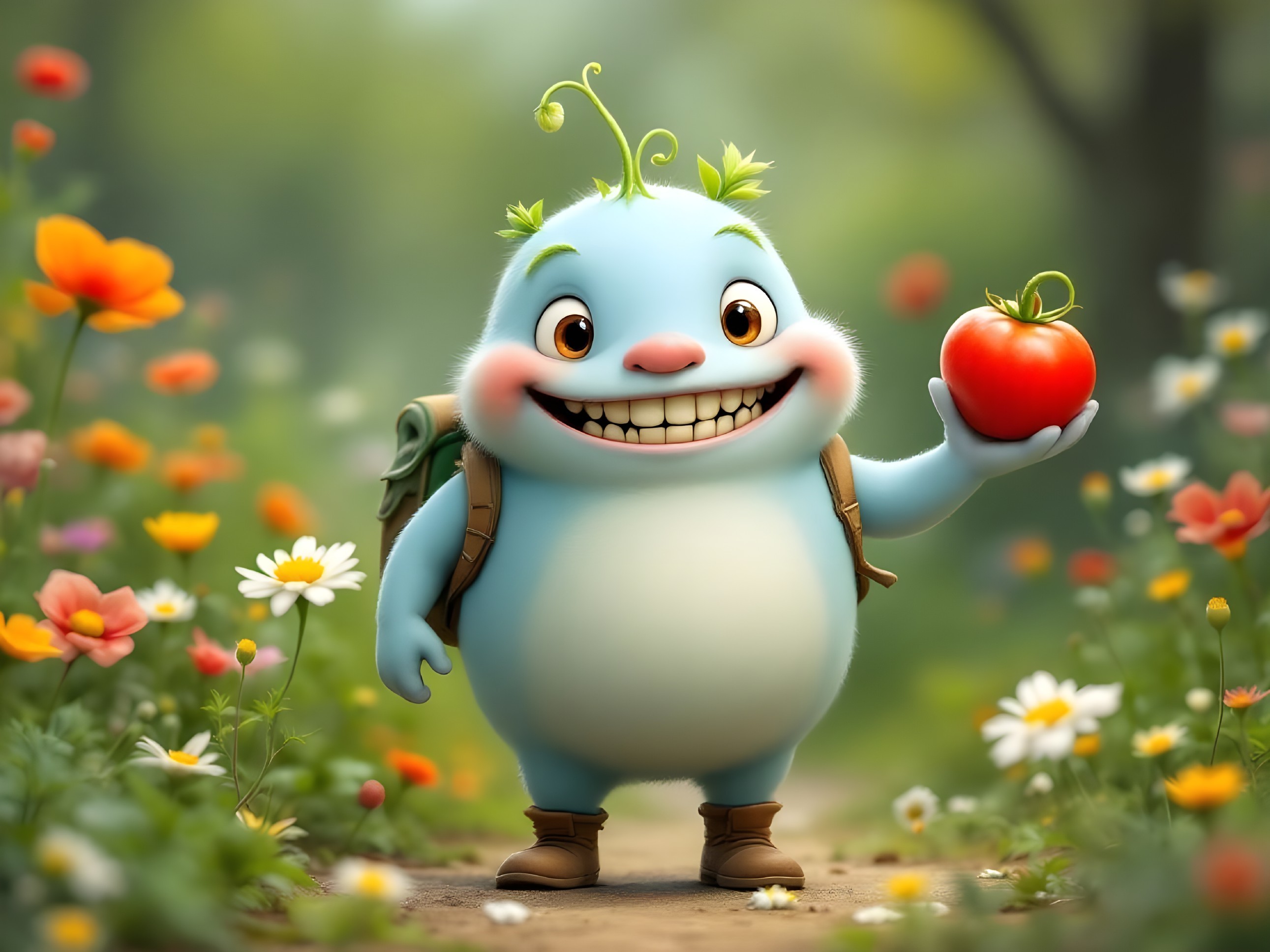 Cheerful Blue Creature in Flower-Filled Meadow