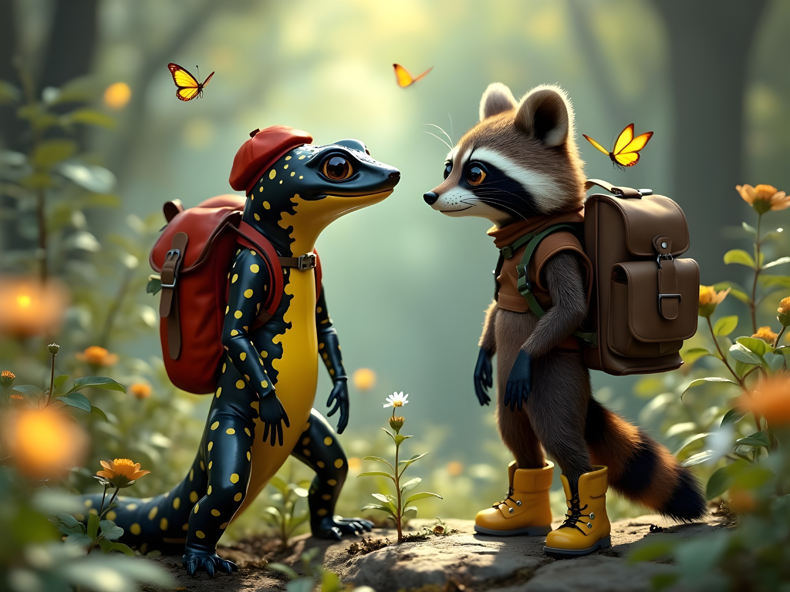 Whimsical Woodland Scene with Colorful Amphibian and Raccoon