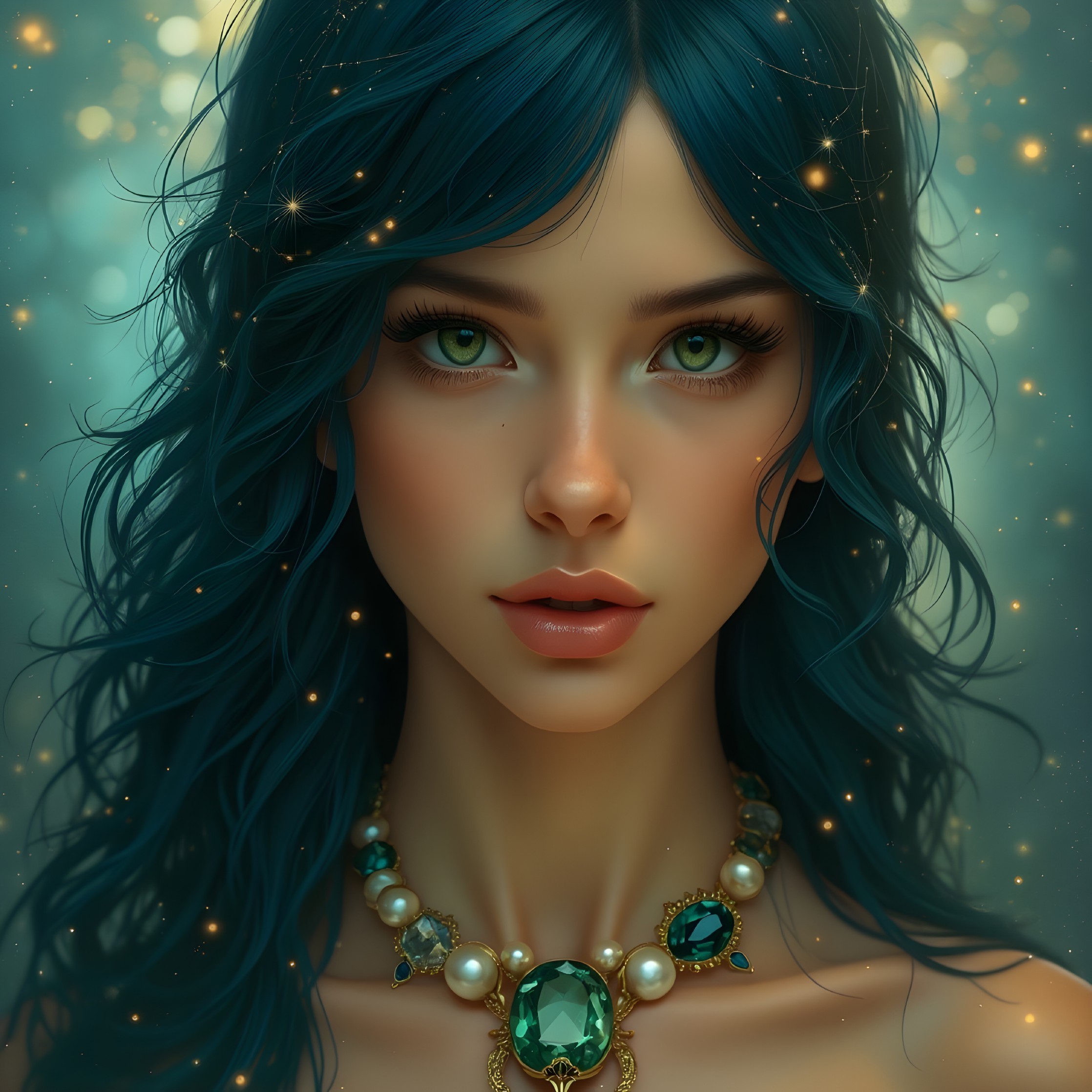 Young woman with teal hair and green eyes in dreamy light