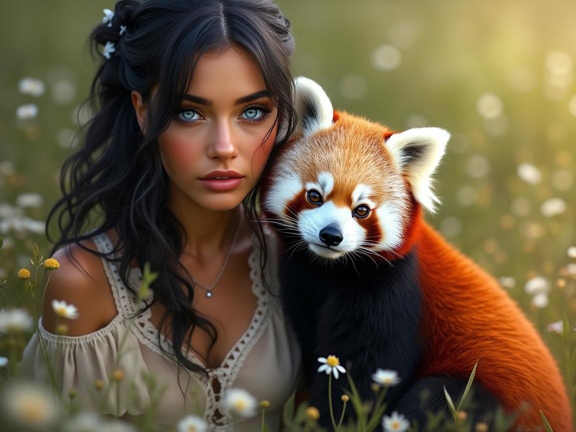 Young woman with red panda in sunlit daisy field