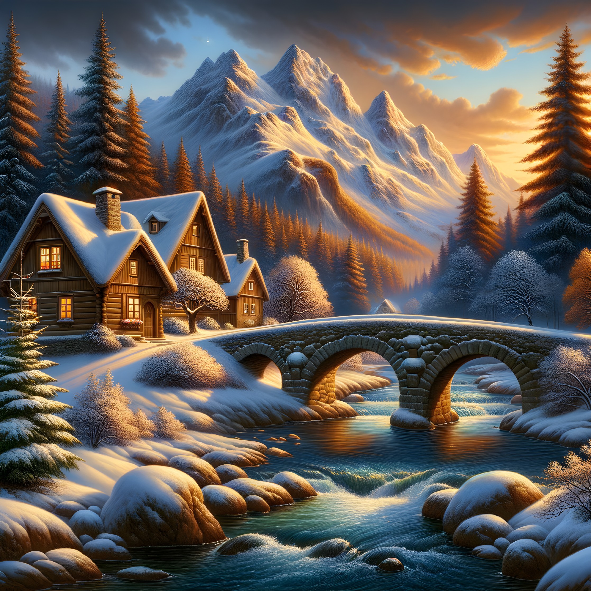 Cozy log cabins in a tranquil winter landscape