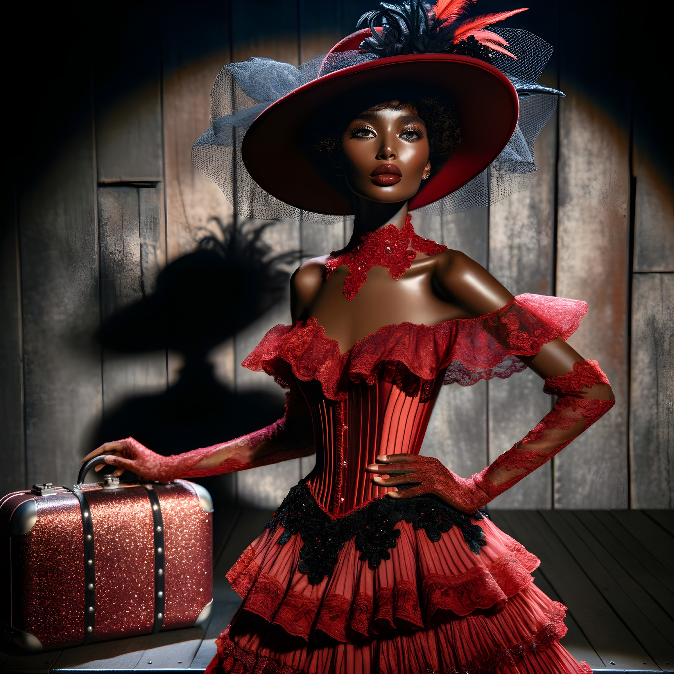 Elaborate Red and Black Dress with Vintage Suitcase