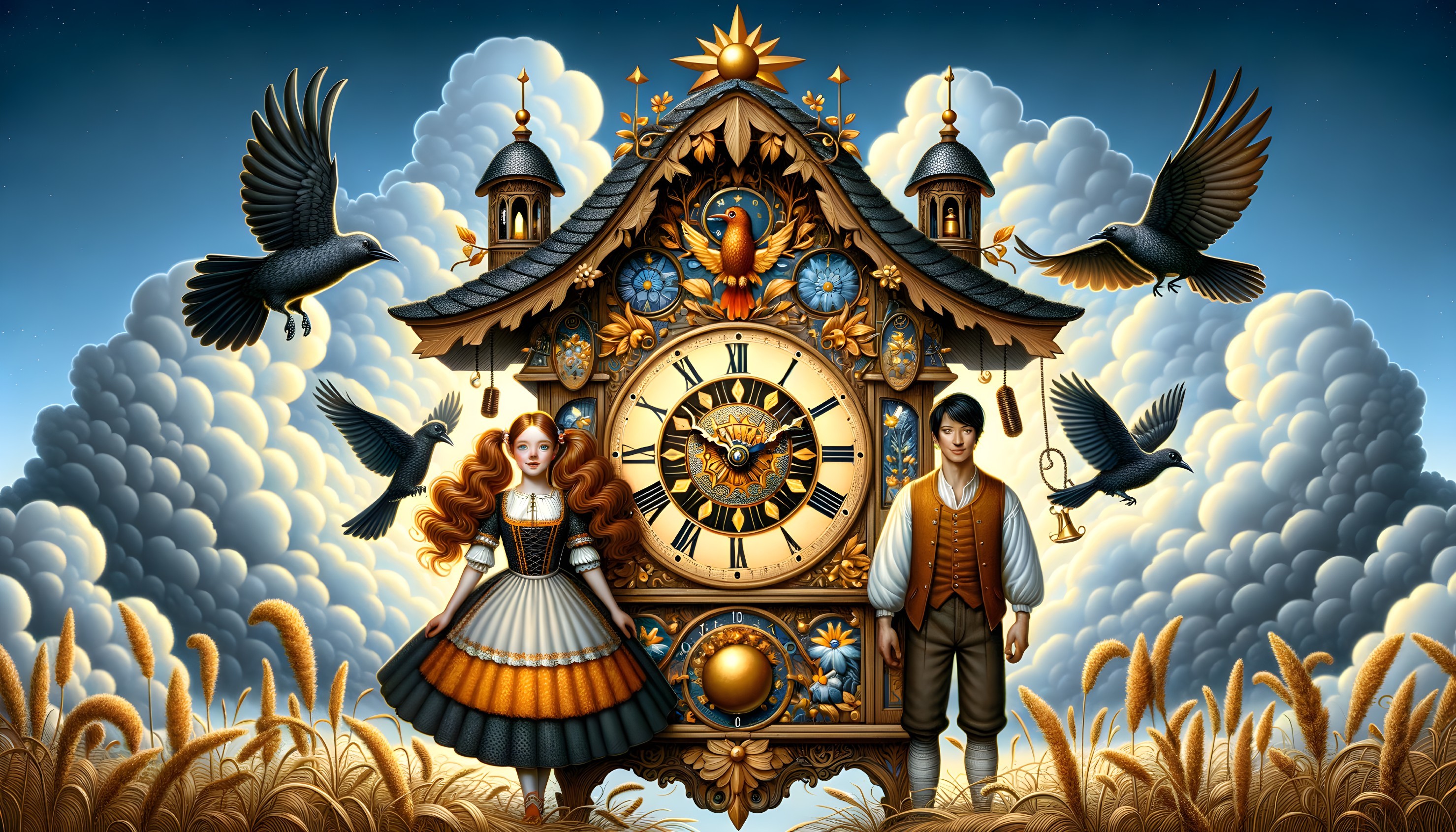 Whimsical Cuckoo Clock Scene with Children and Birds