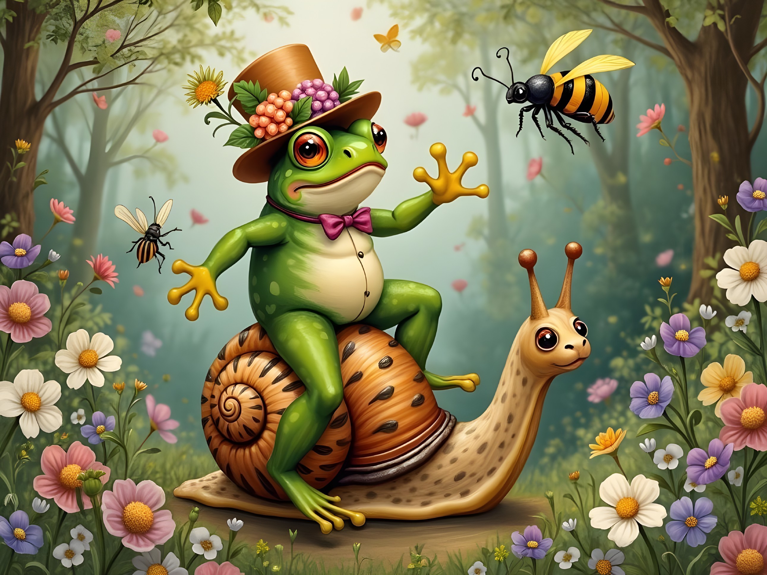 Whimsical Frog on Snail in a Colorful Forest Scene