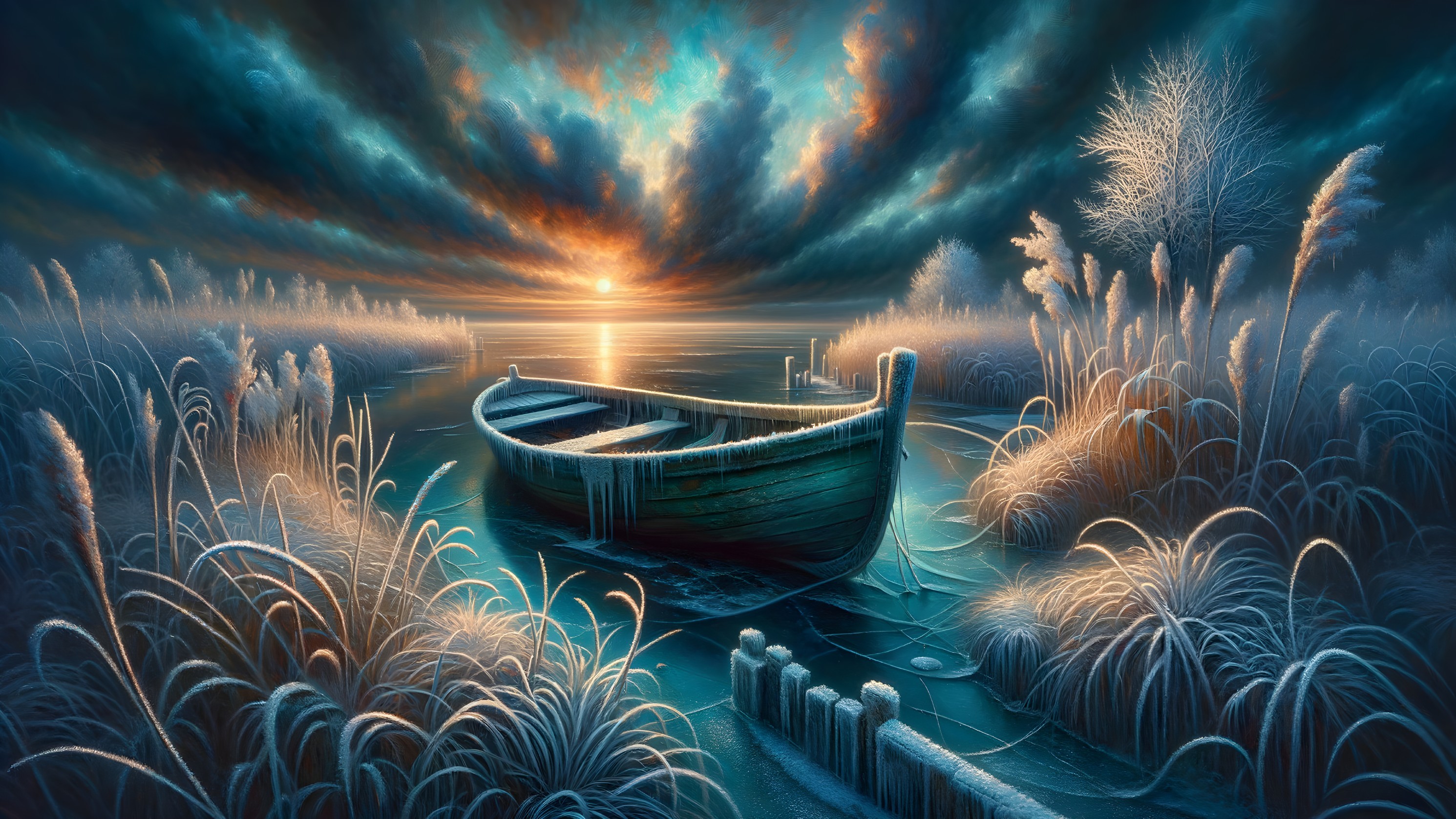 Frozen Landscape with Sunrise and Solitary Boat