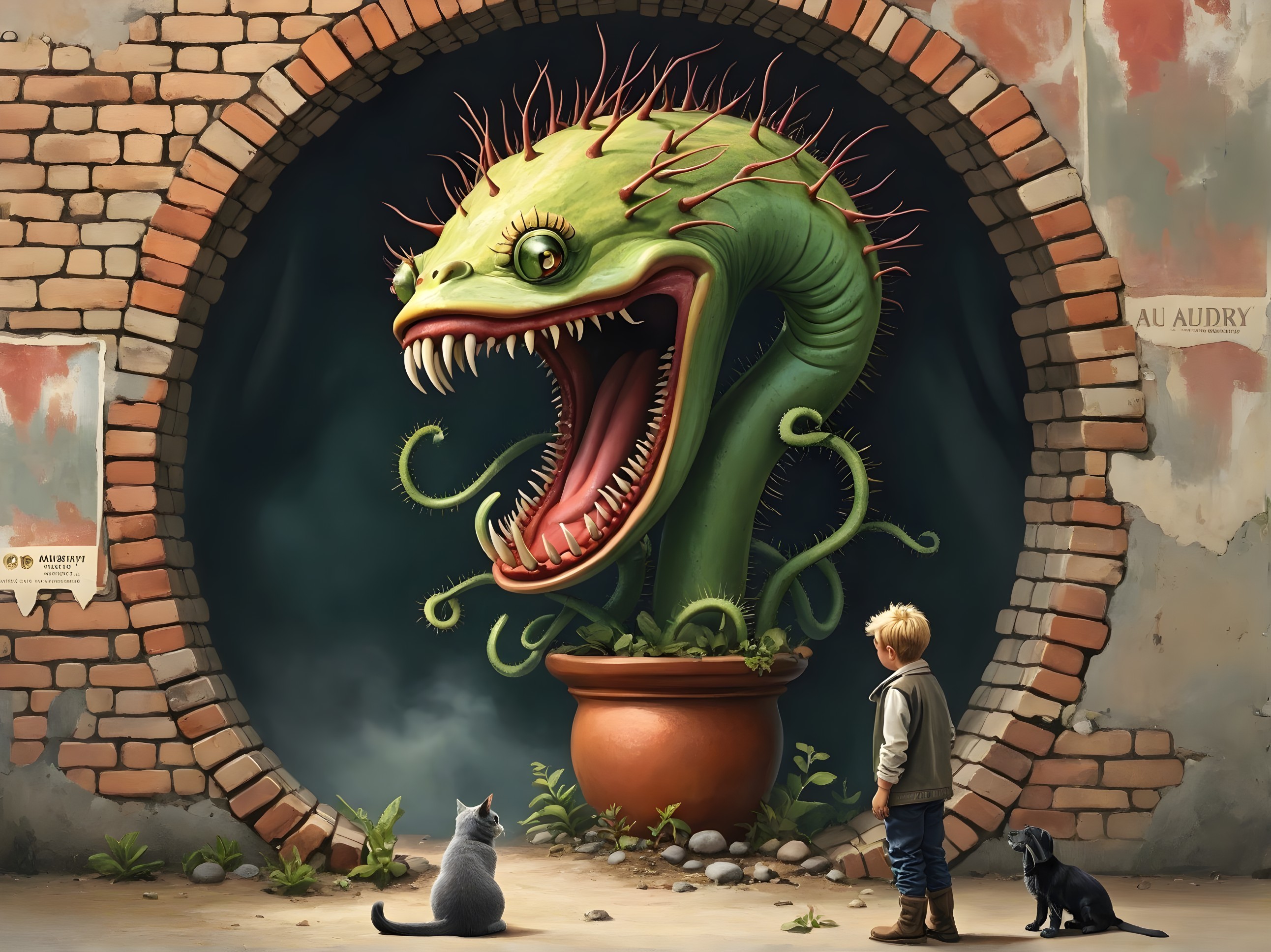 Boy Faces Giant Plant with Cat and Dog in Scene