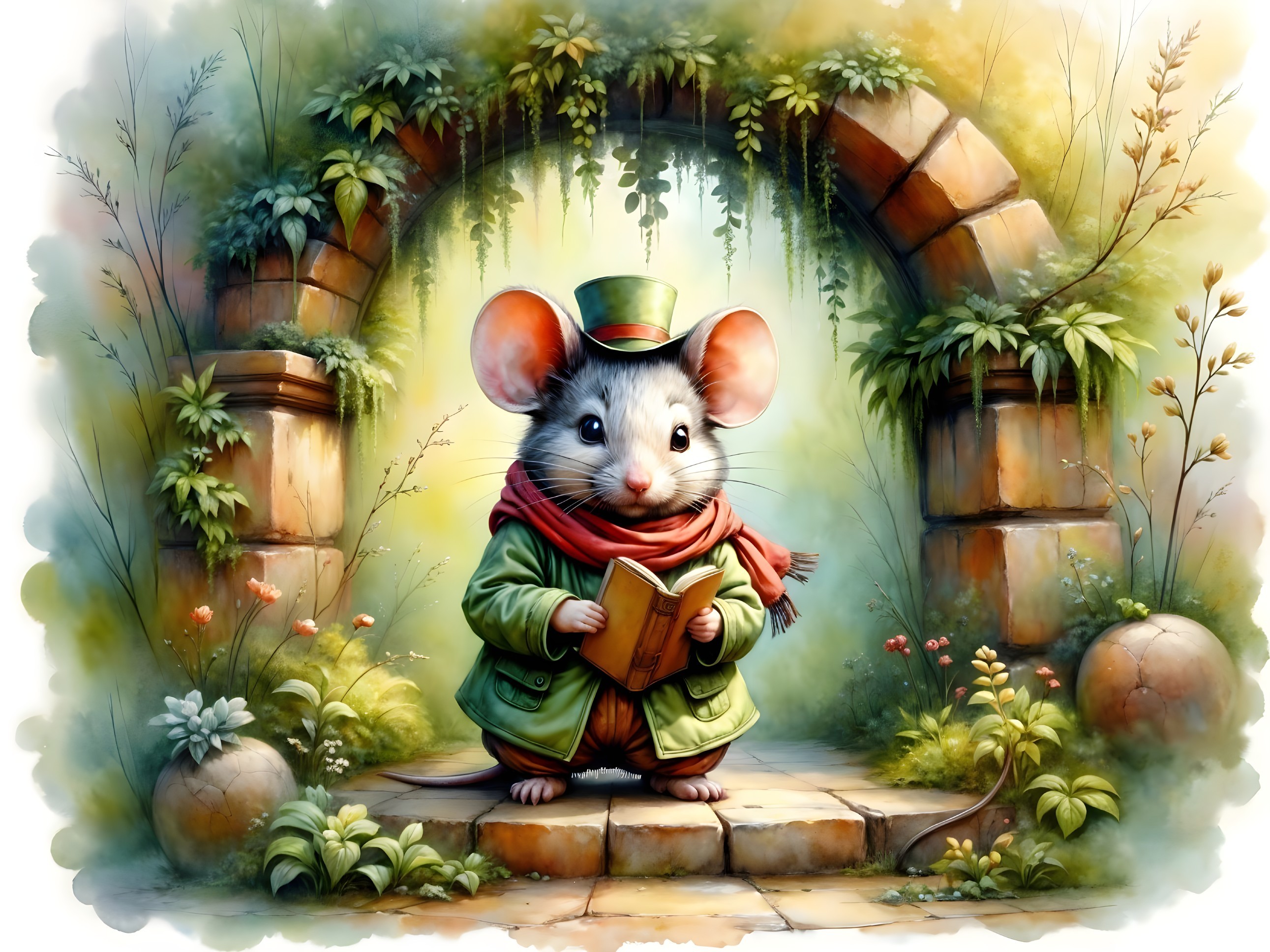 Charming Mouse in Enchanted Garden with Book