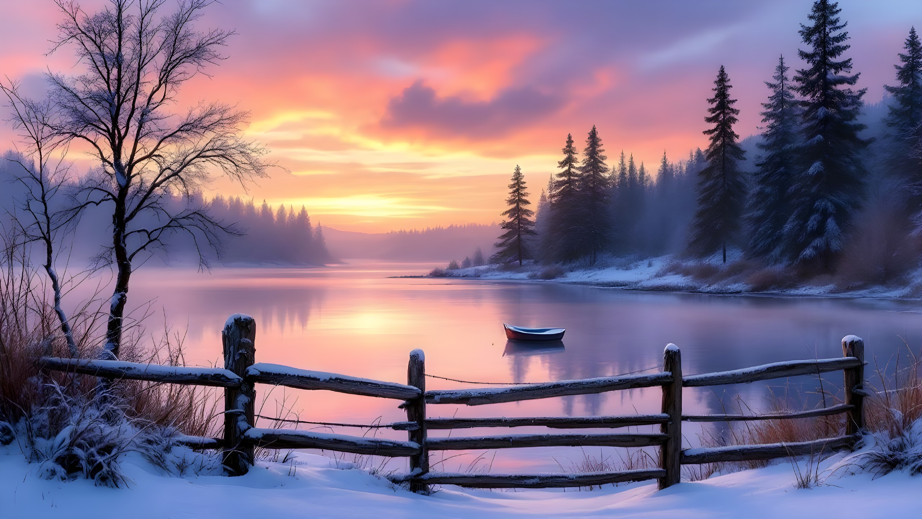 Serene Winter Landscape with Tranquil Lake at Dawn