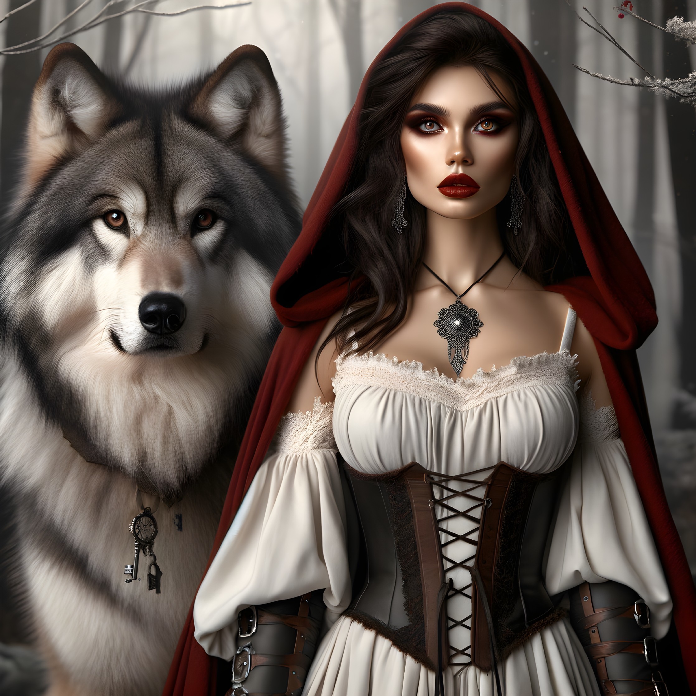Mystical Forest Scene with Woman and Majestic Wolf