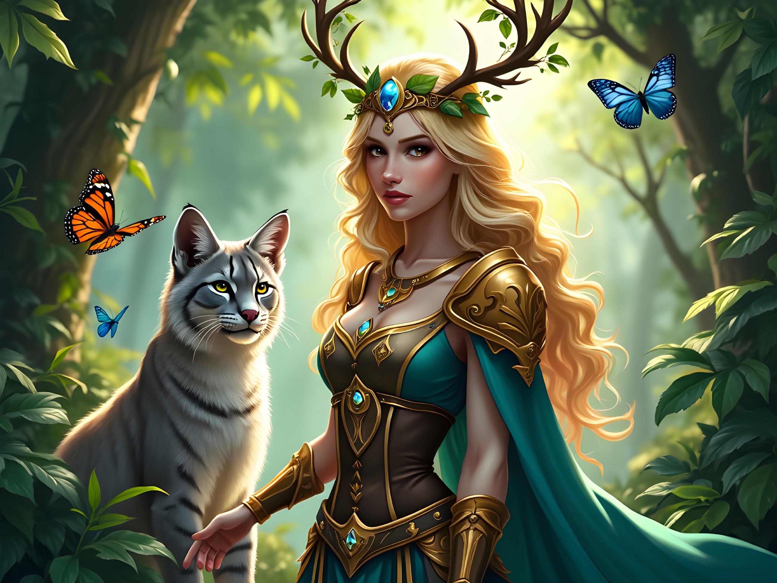 Majestic Figure with Lynx in Enchanted Forest