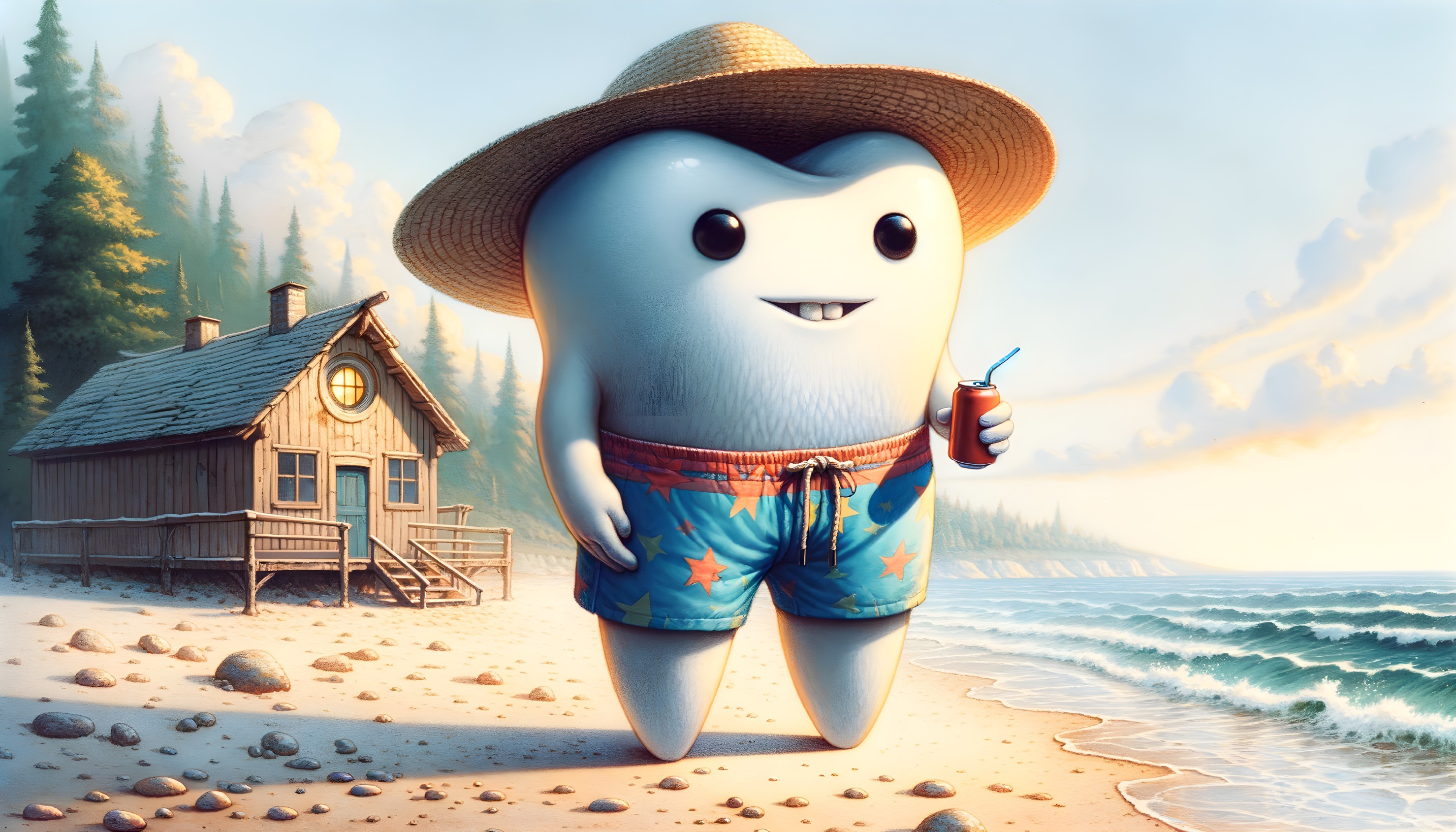 Cartoon Tooth Character at a Beach Scene