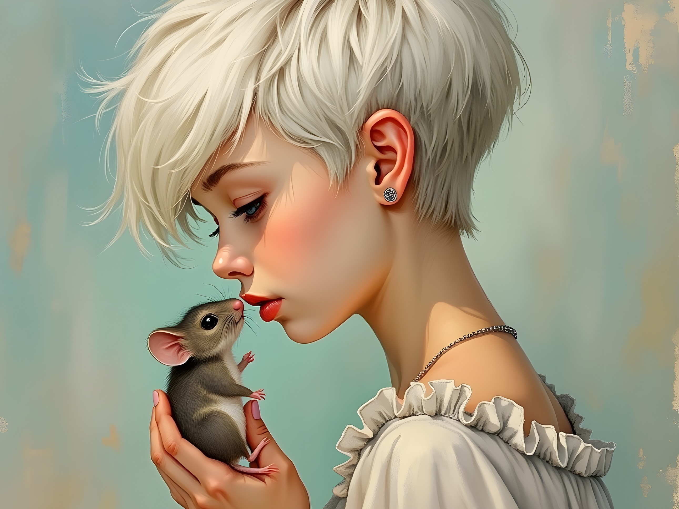 Young person touches noses with a small mouse in pastel setting