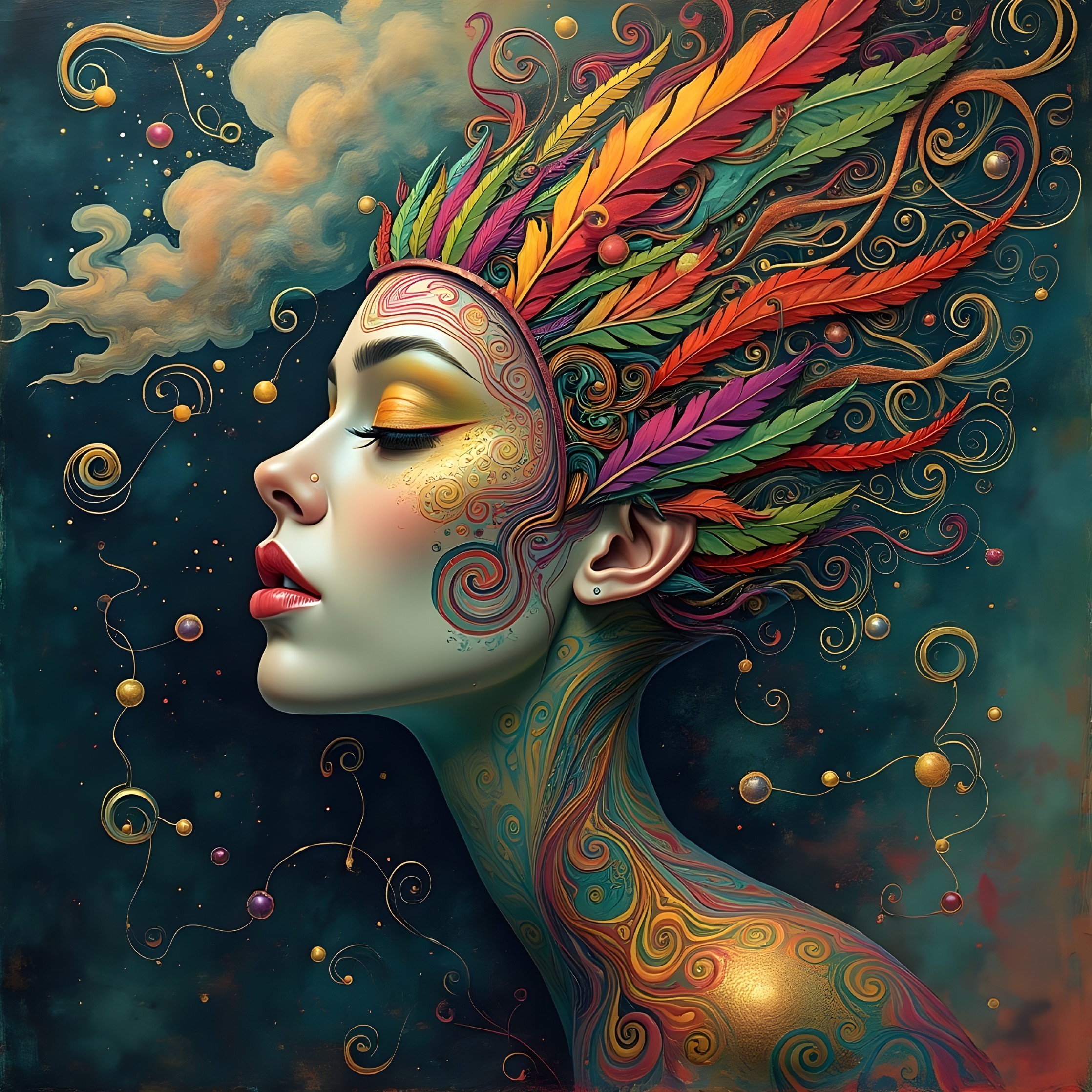 Surreal Portrait of a Woman with Colorful Hair and Patterns