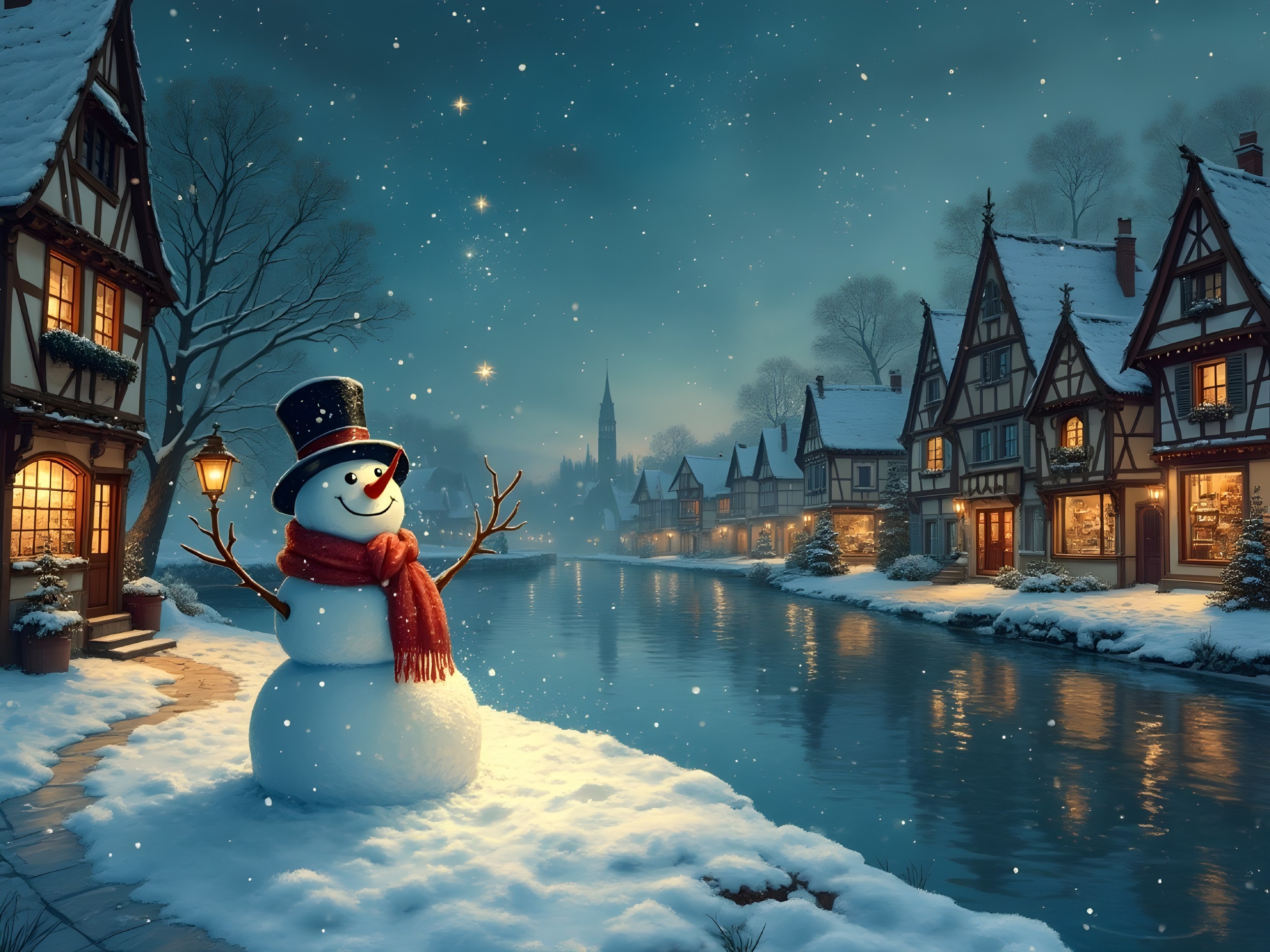 Charming Winter Scene with Snowman and Cottages