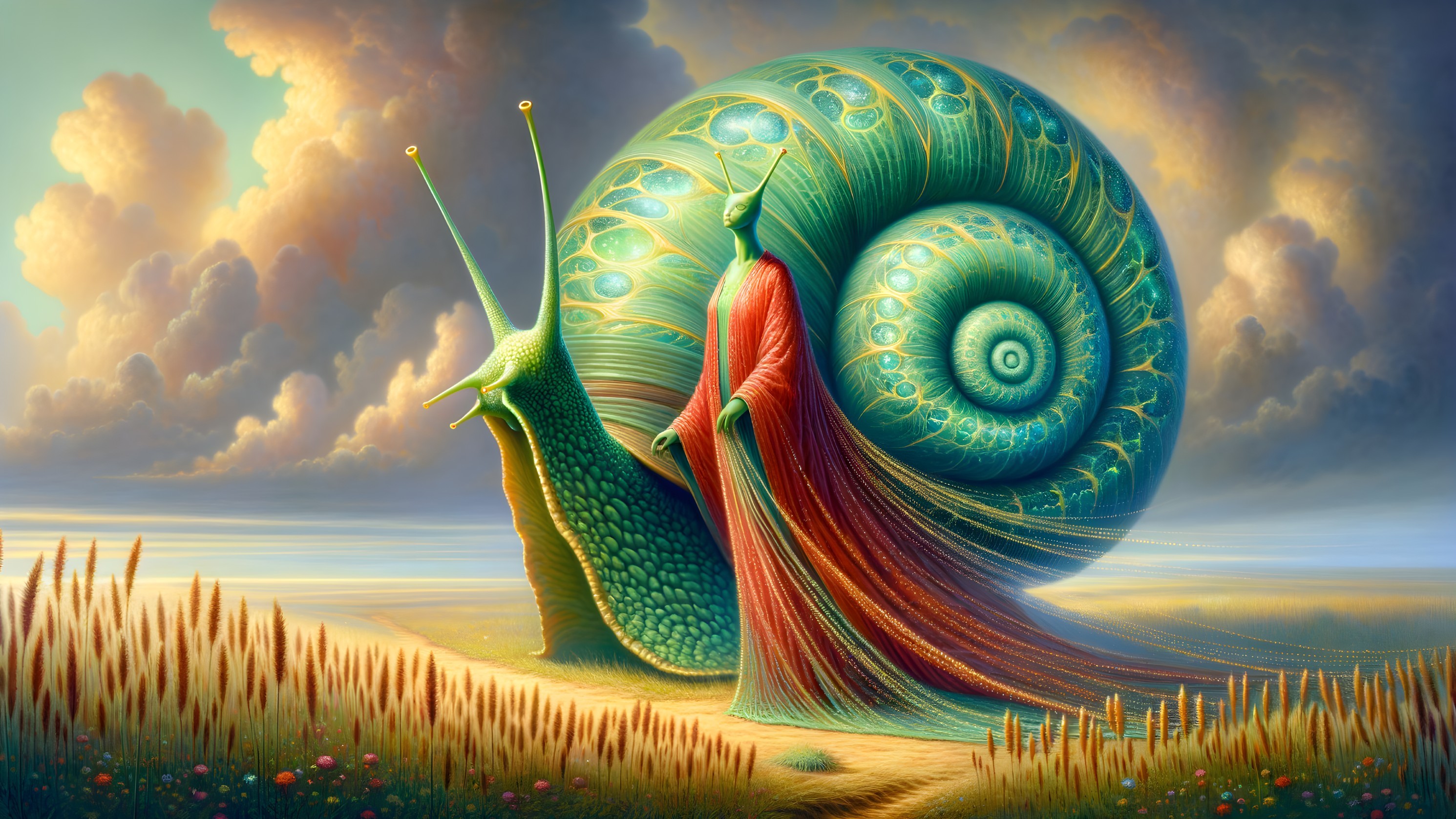 Surreal Landscape with Giant Colorful Snail and Flowers