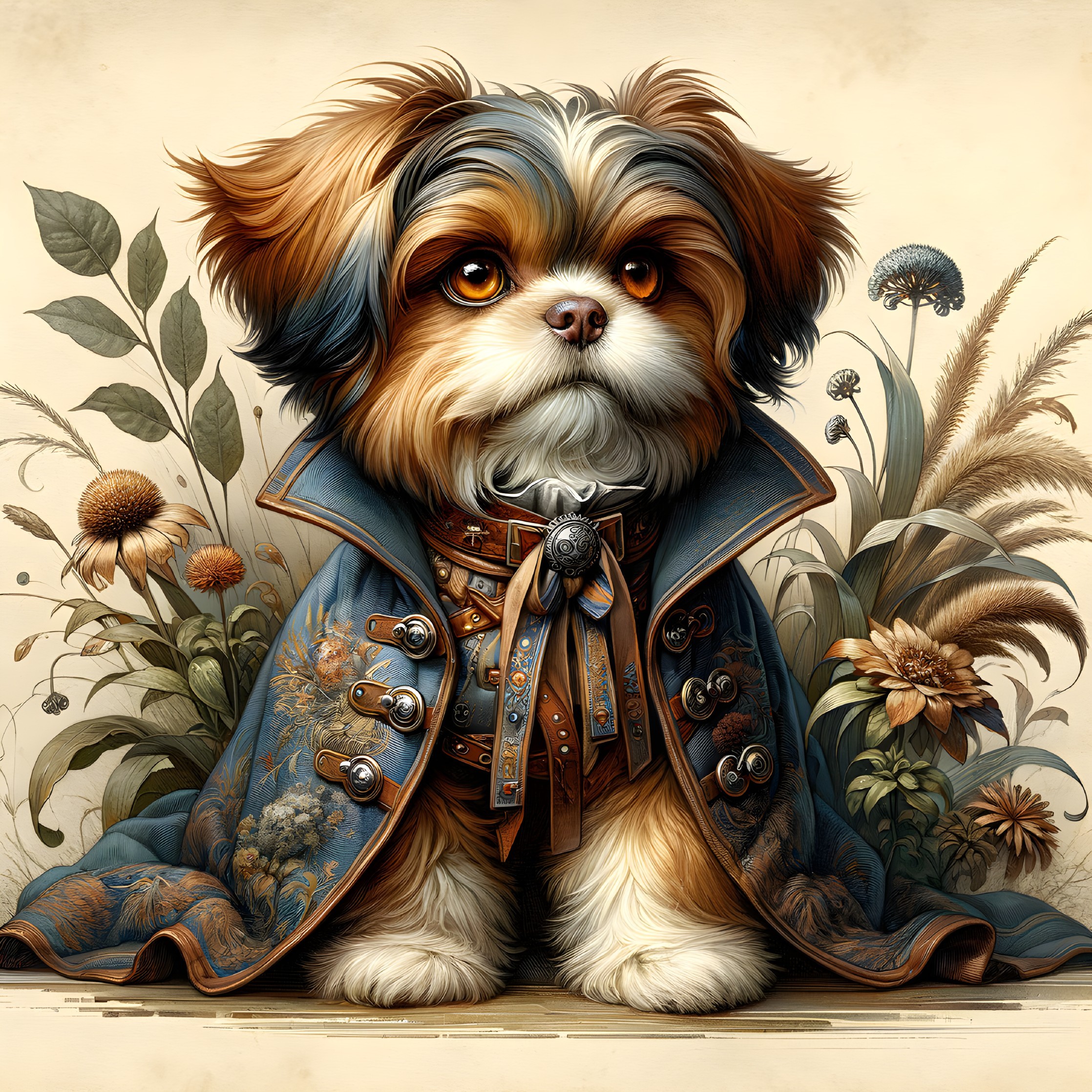 Fluffy Dog in Stylish Blue Coat Among Colorful Flowers