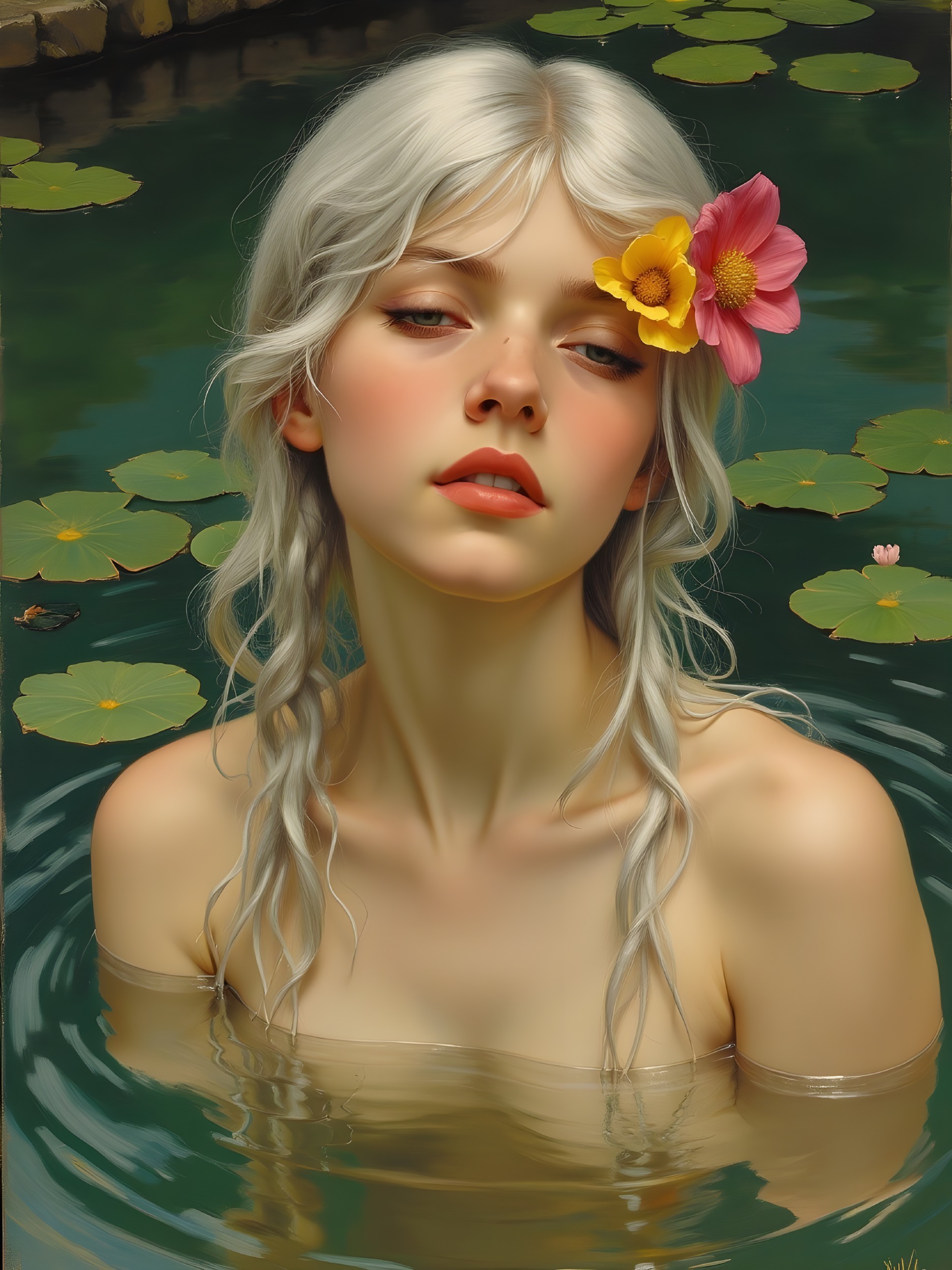 Young woman in a pond with water lilies and greenery