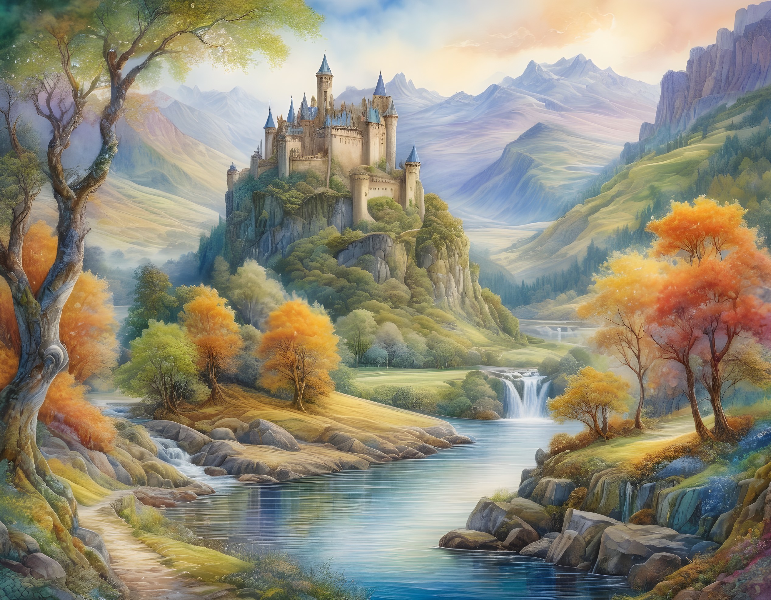 Majestic Castle on Hill with Autumn Landscape and River