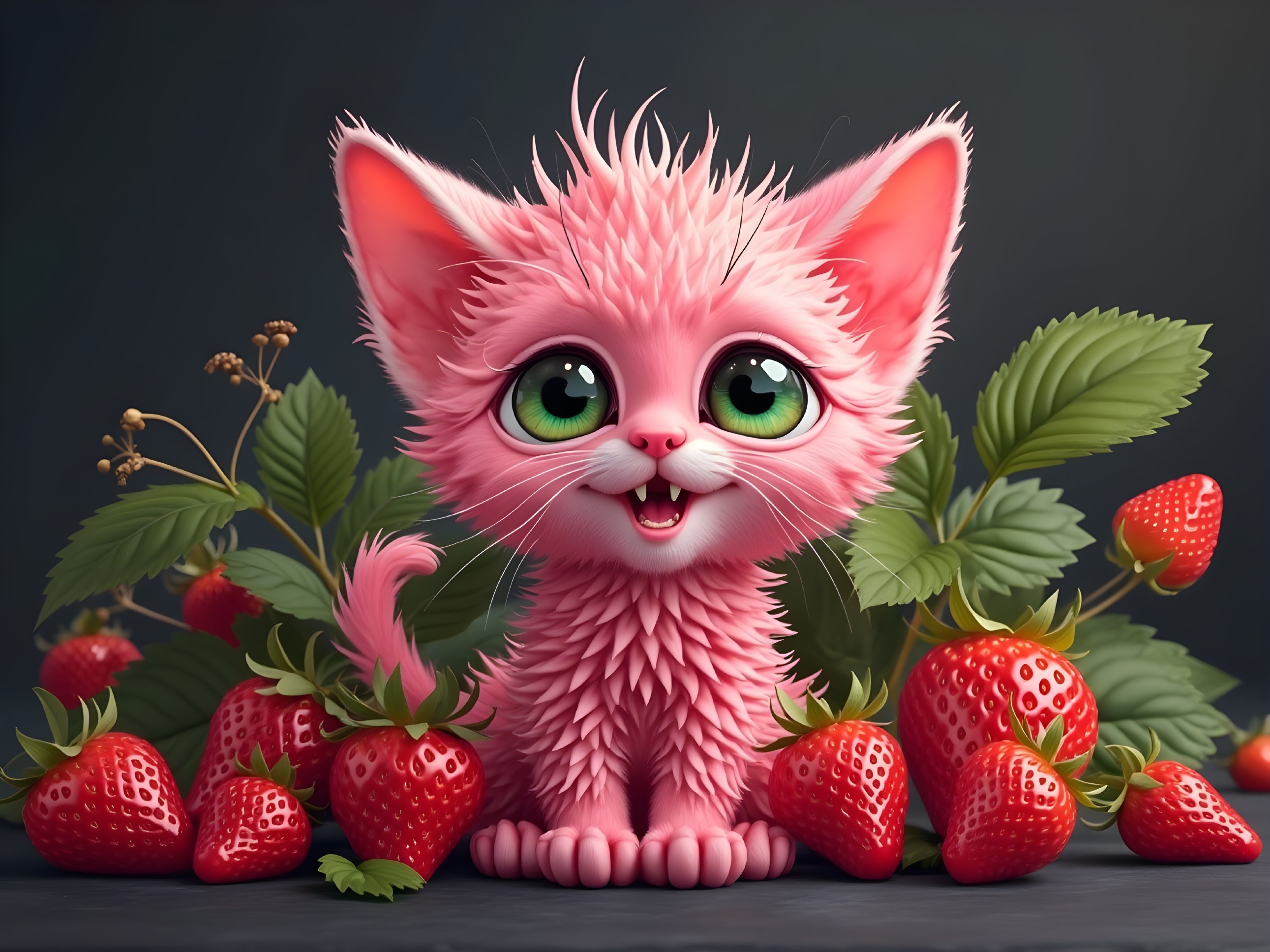 Fluffy Pink Kitten Surrounded by Red Strawberries