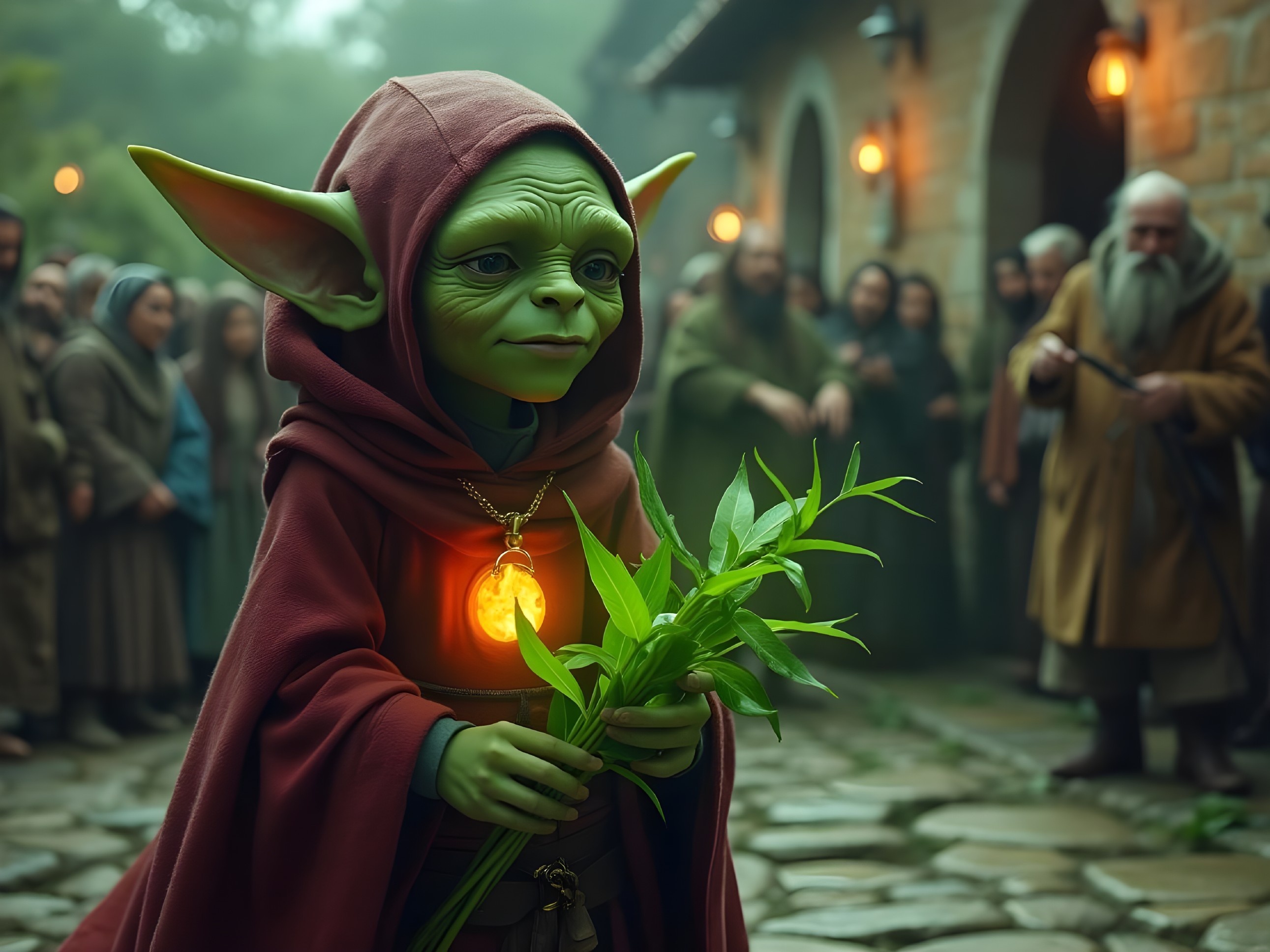 Medieval Village Scene with Green-Skinned Character