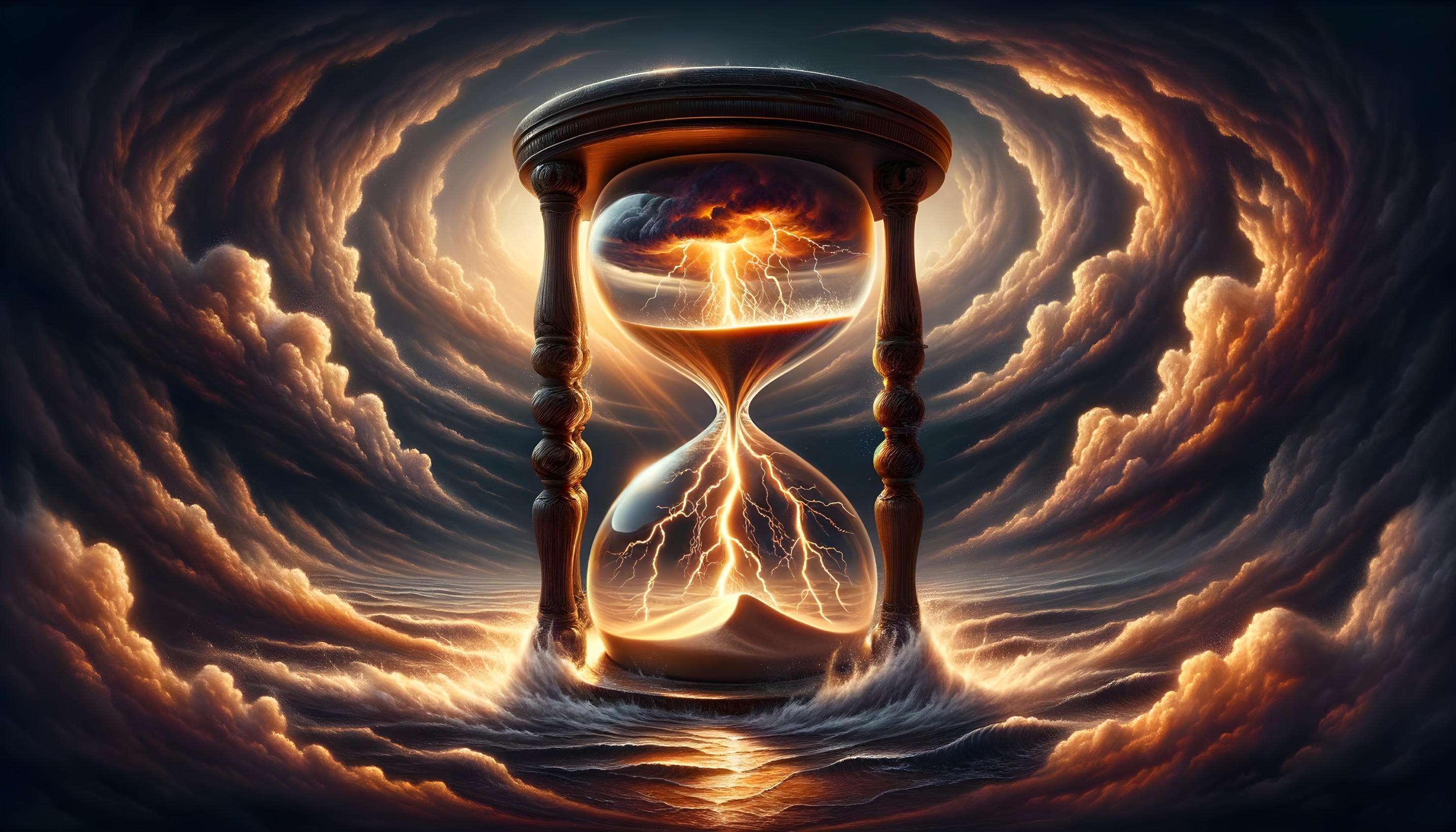 Hourglass with lightning in stormy sky backdrop