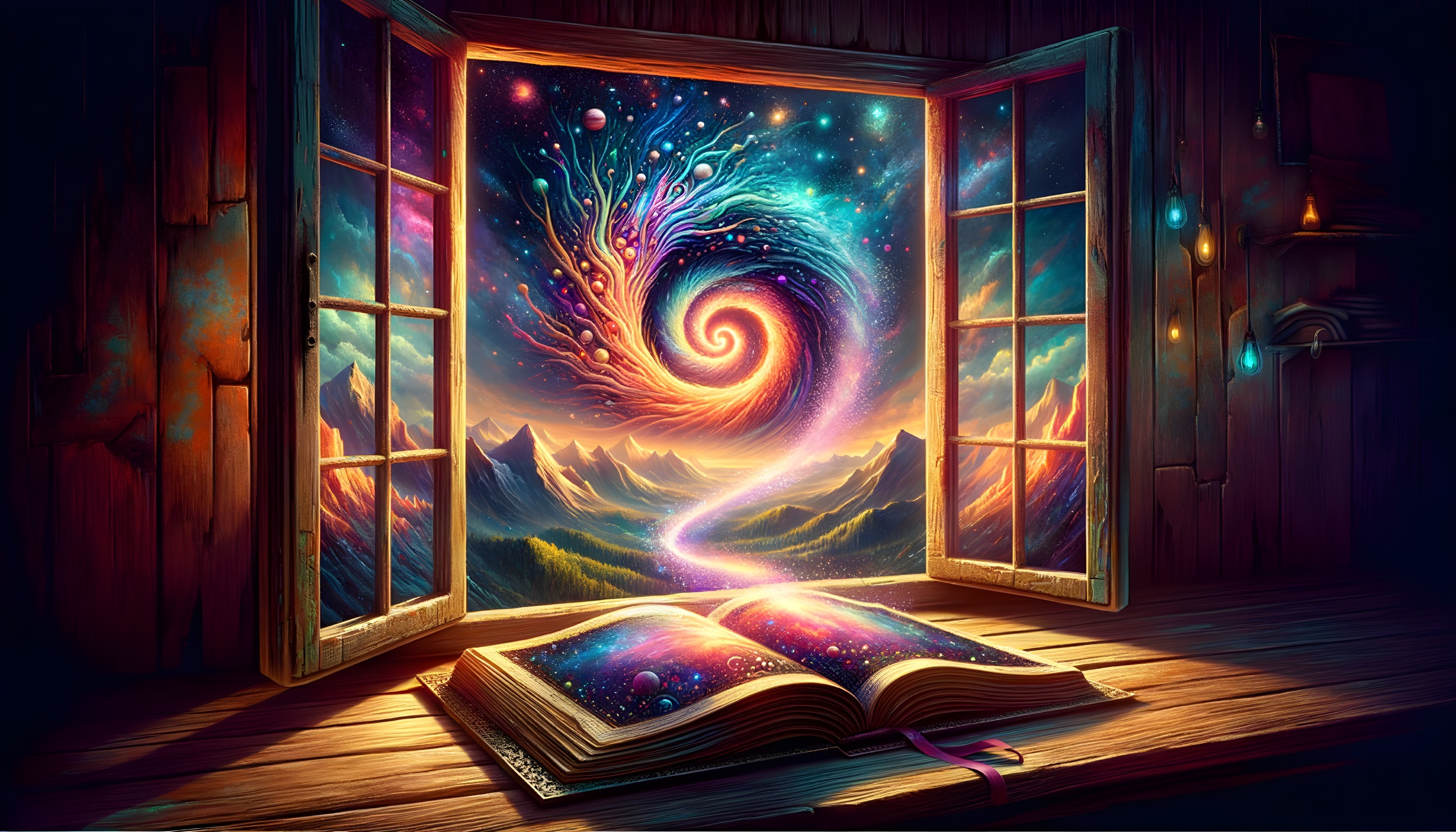 Cosmic whirlpool outside wooden room window with starry book reflection