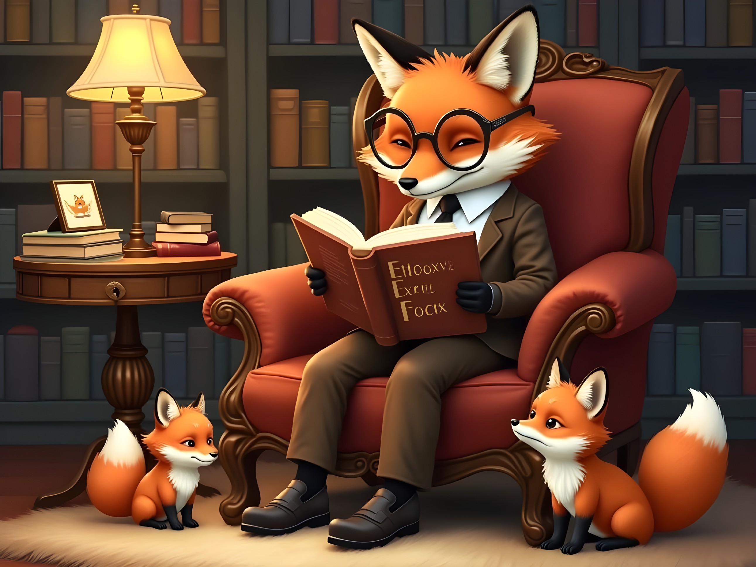 Stylish fox reading in a cozy library setting